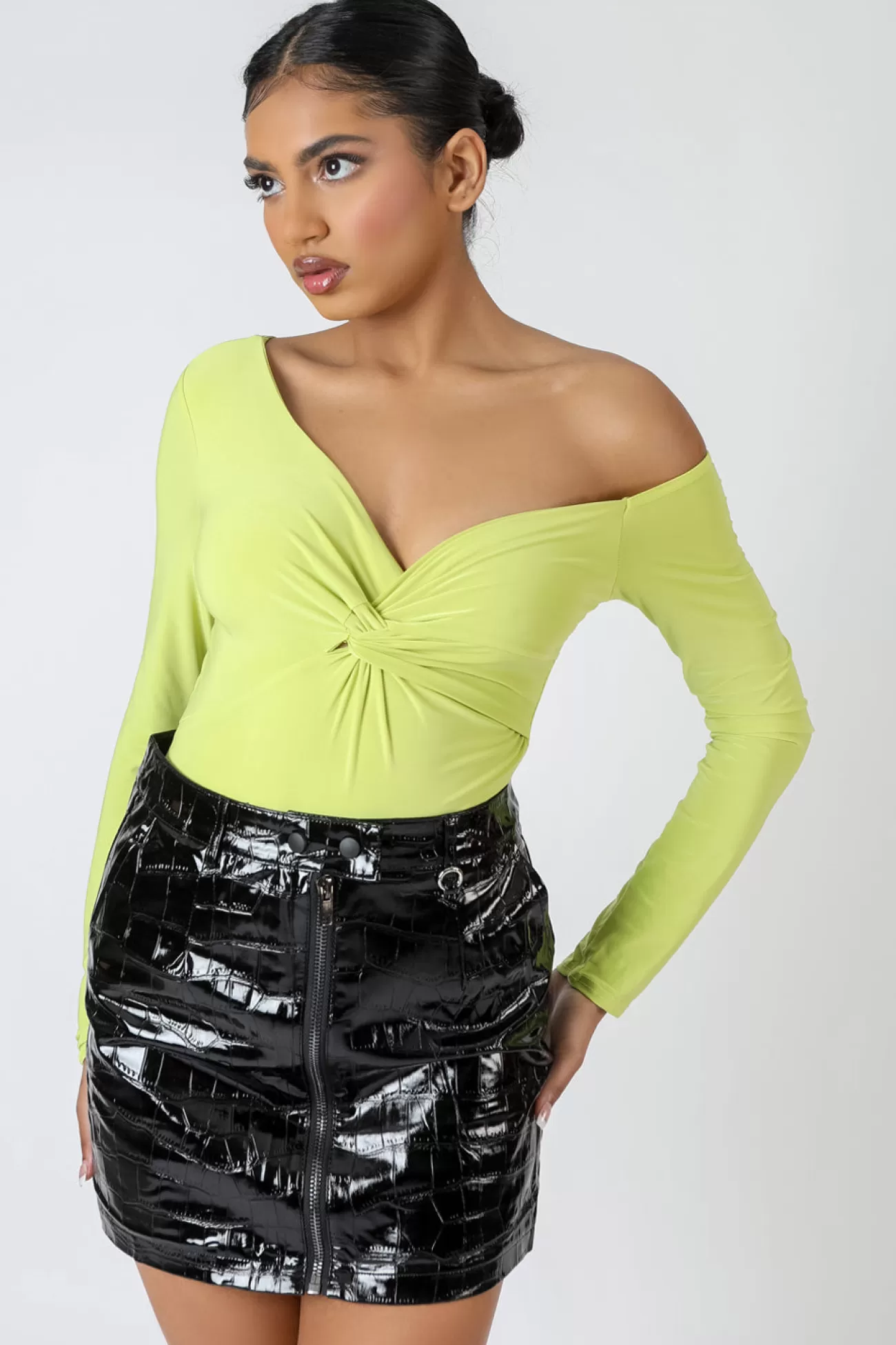 Public Desire Twist Wrap Gather Long Sleeve Bodysuit Green Cheap