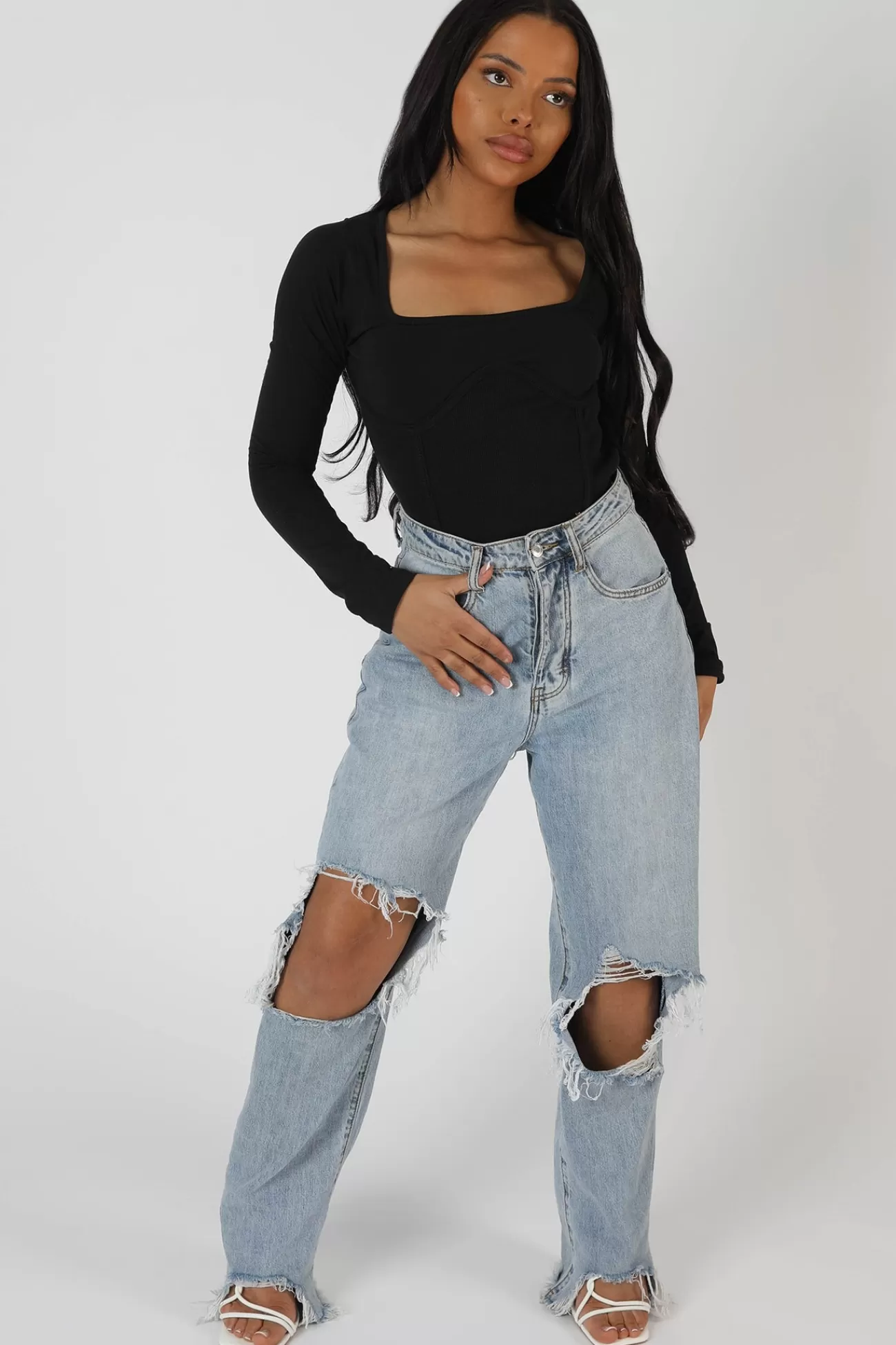 Public Desire Underbust Seam Square Neck Bodysuit Black Sale