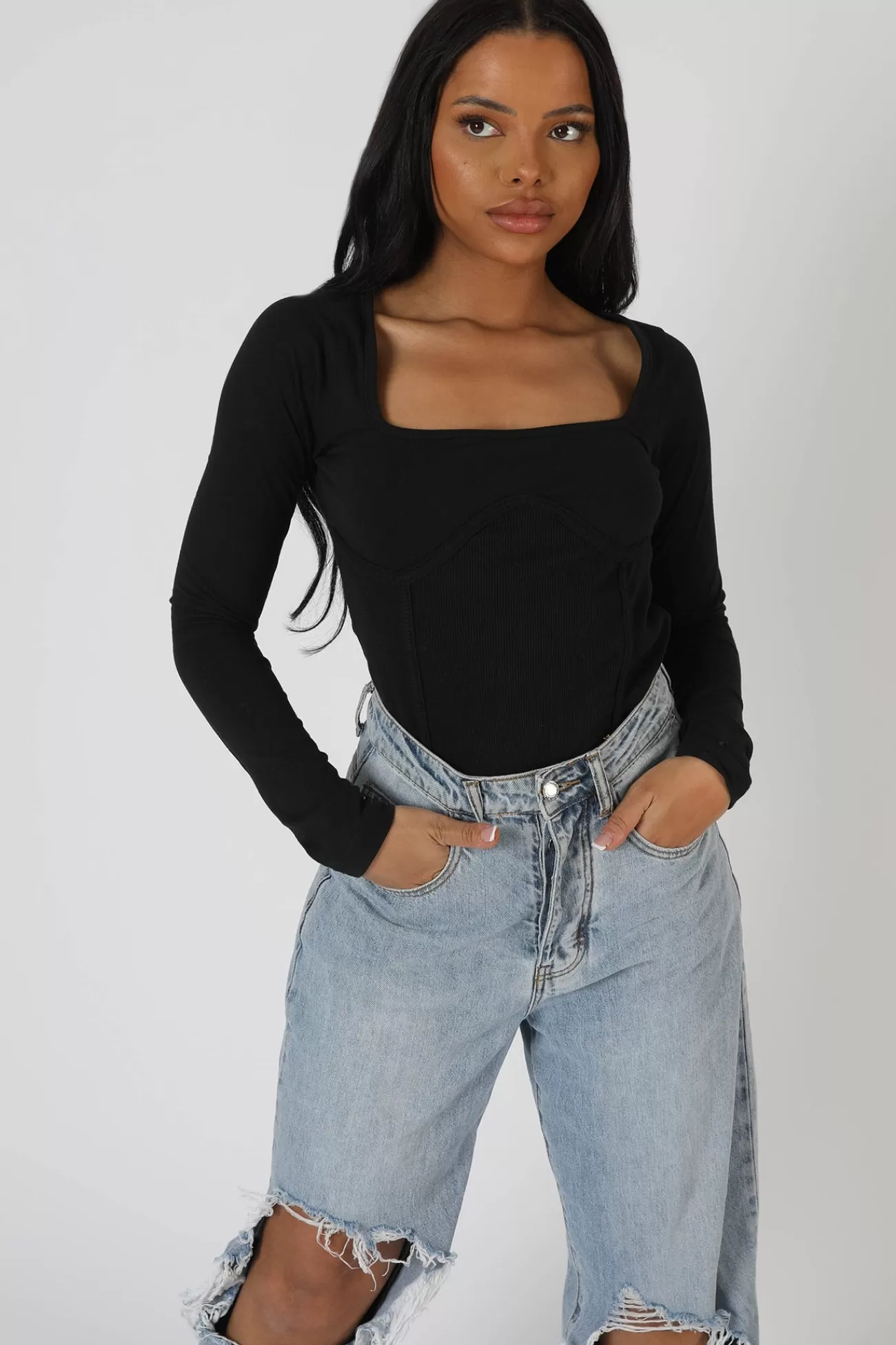 Public Desire Underbust Seam Square Neck Bodysuit Black Sale