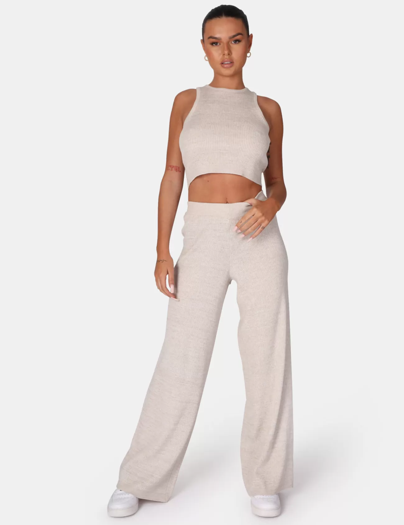Public Desire V Front Low Waisted Wide Leg Knitted Trousers Oatmeal Best