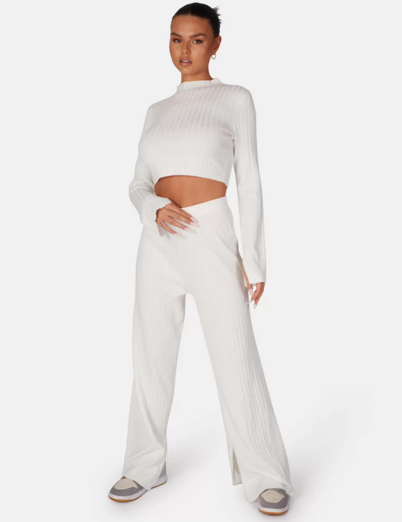 Public Desire V Front Wide Leg Ribbed Knitted Trousers White Online