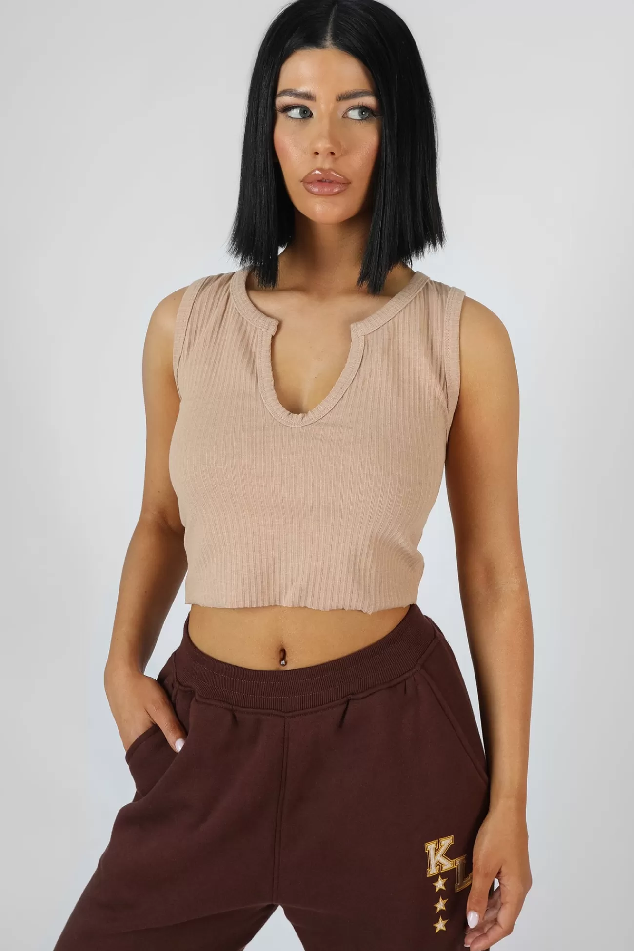Public Desire V Neck Sleeveless Ribbed Crop Top Camel Flash Sale