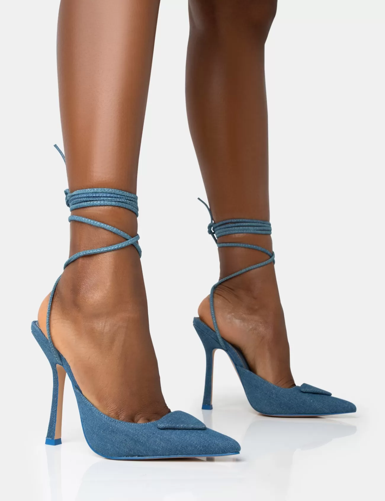 Public Desire Vada Denim Slingback Lace Up Pointed Toe Stiletto Heels Blue Fashion
