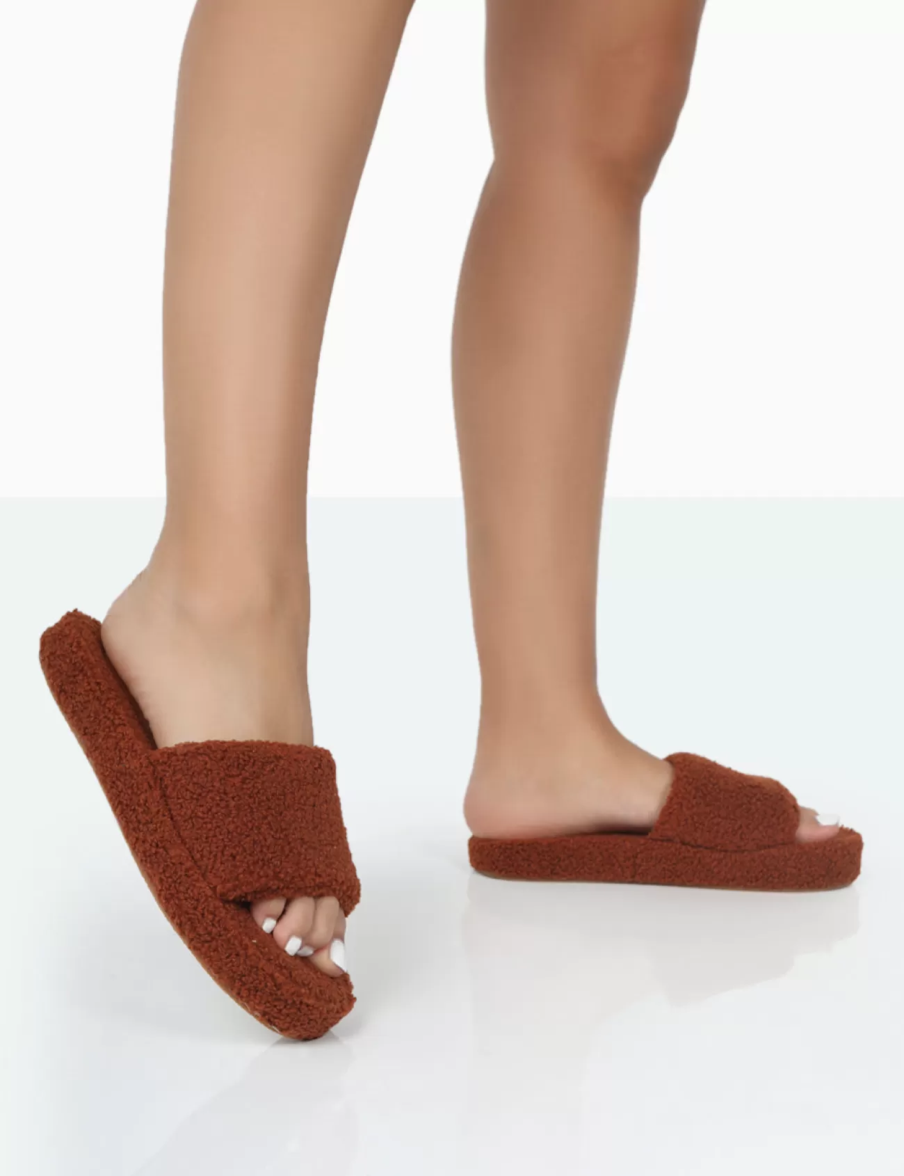 Public Desire Vale Borg Fluffy Slider Slipper Brown New
