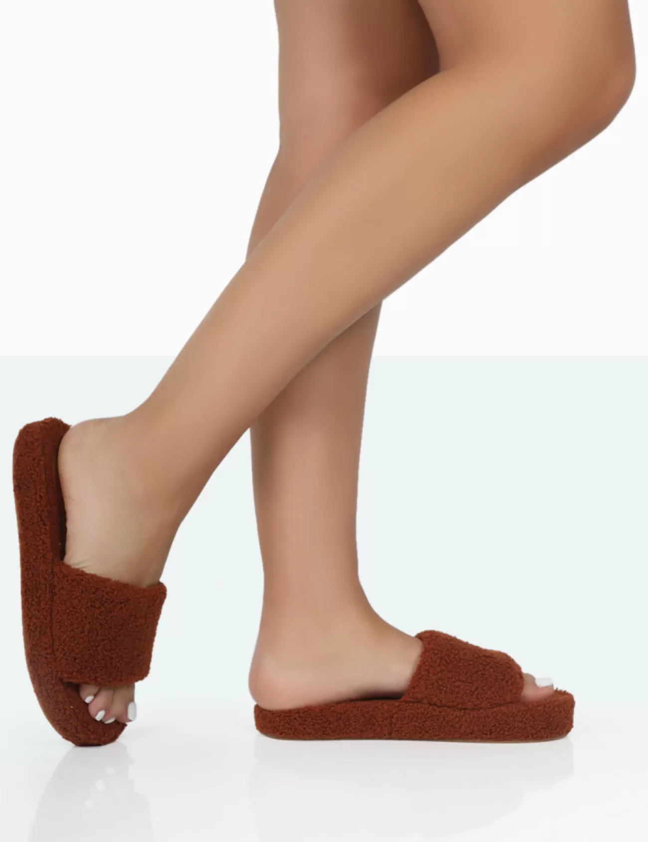 Public Desire Vale Borg Fluffy Slider Slipper Brown New