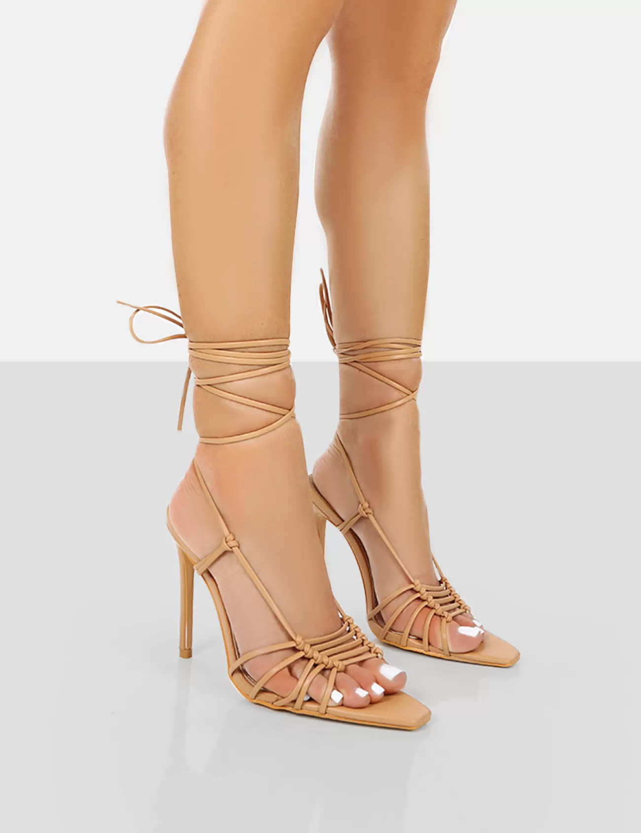 Public Desire Valencia Pu Strappy Lace Up Pointed Toe Stiletto Heels Nude Fashion
