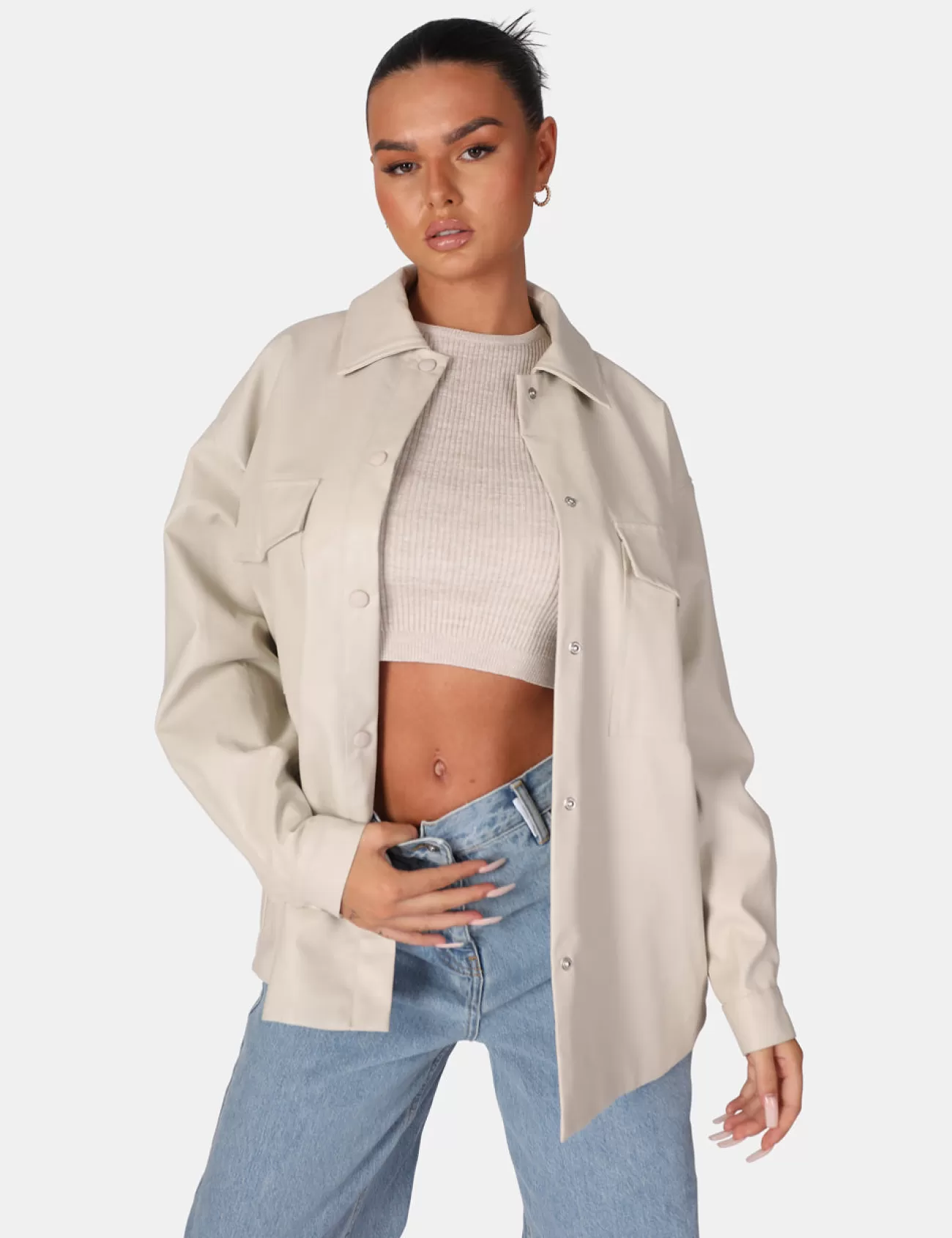 Public Desire Vegan Leather Pocket Oversized Shacket Stone New