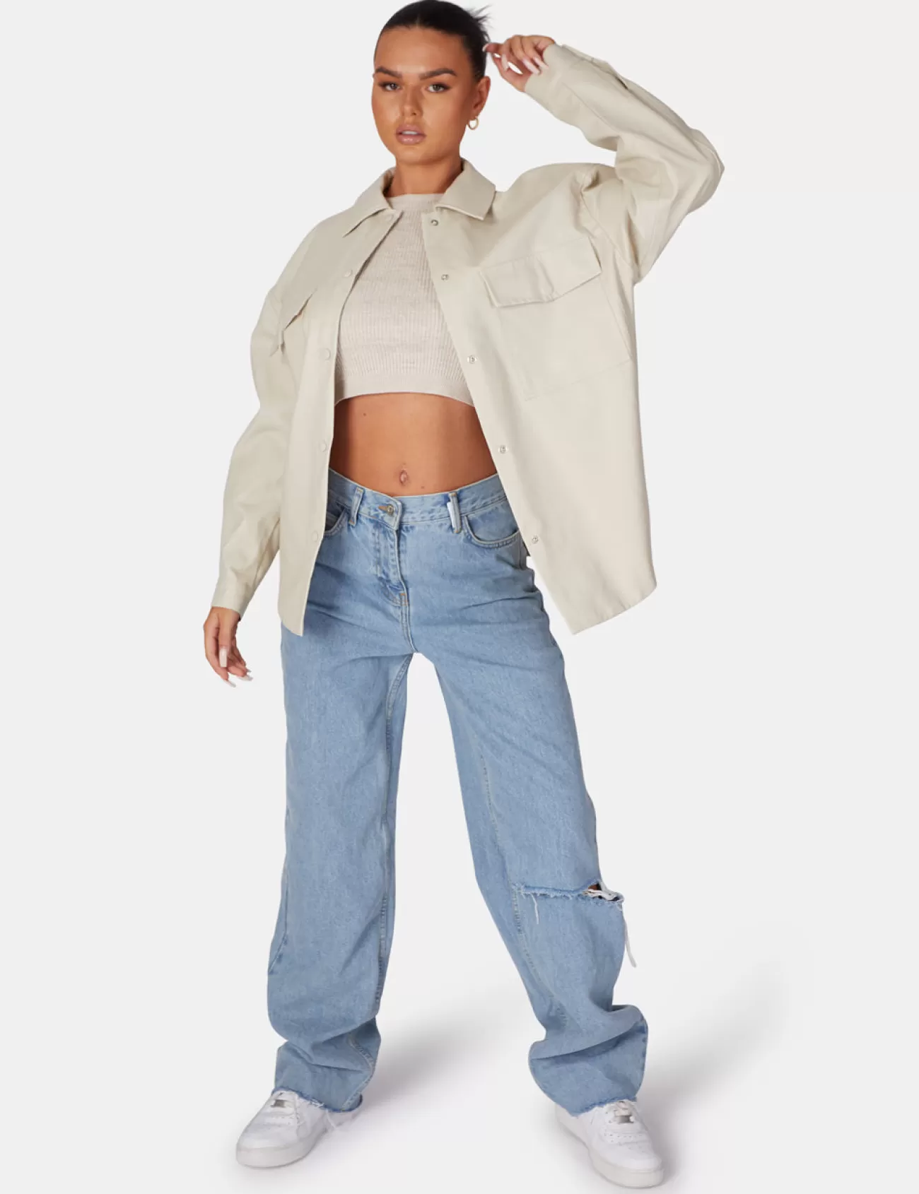 Public Desire Vegan Leather Pocket Oversized Shacket Stone New