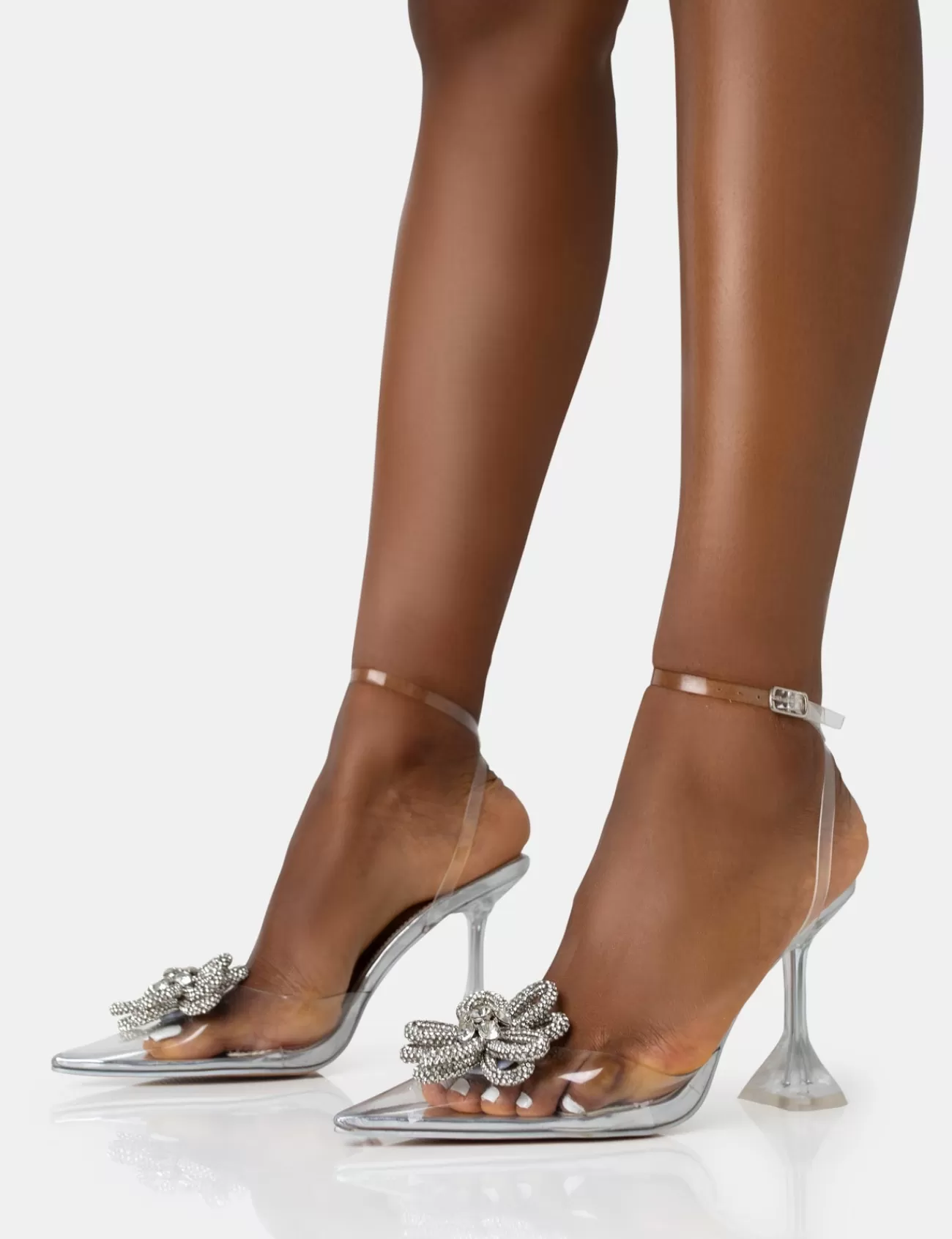 Public Desire Vibez Mirror Metallic Diamante Flower Broach Strappy Perspex Cake Stand Pointed Toe Heels Silver New