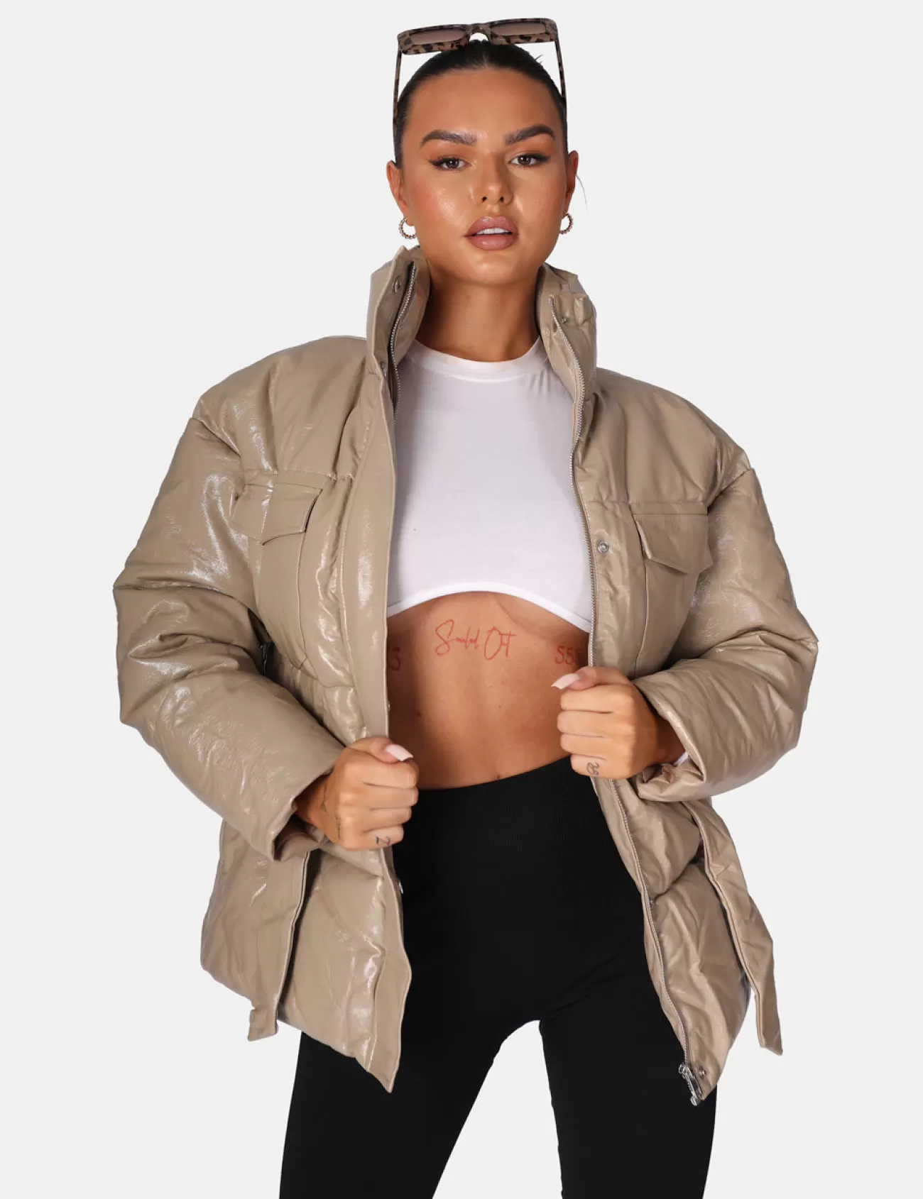 Public Desire Vinyl Belted Puffer Stone Online