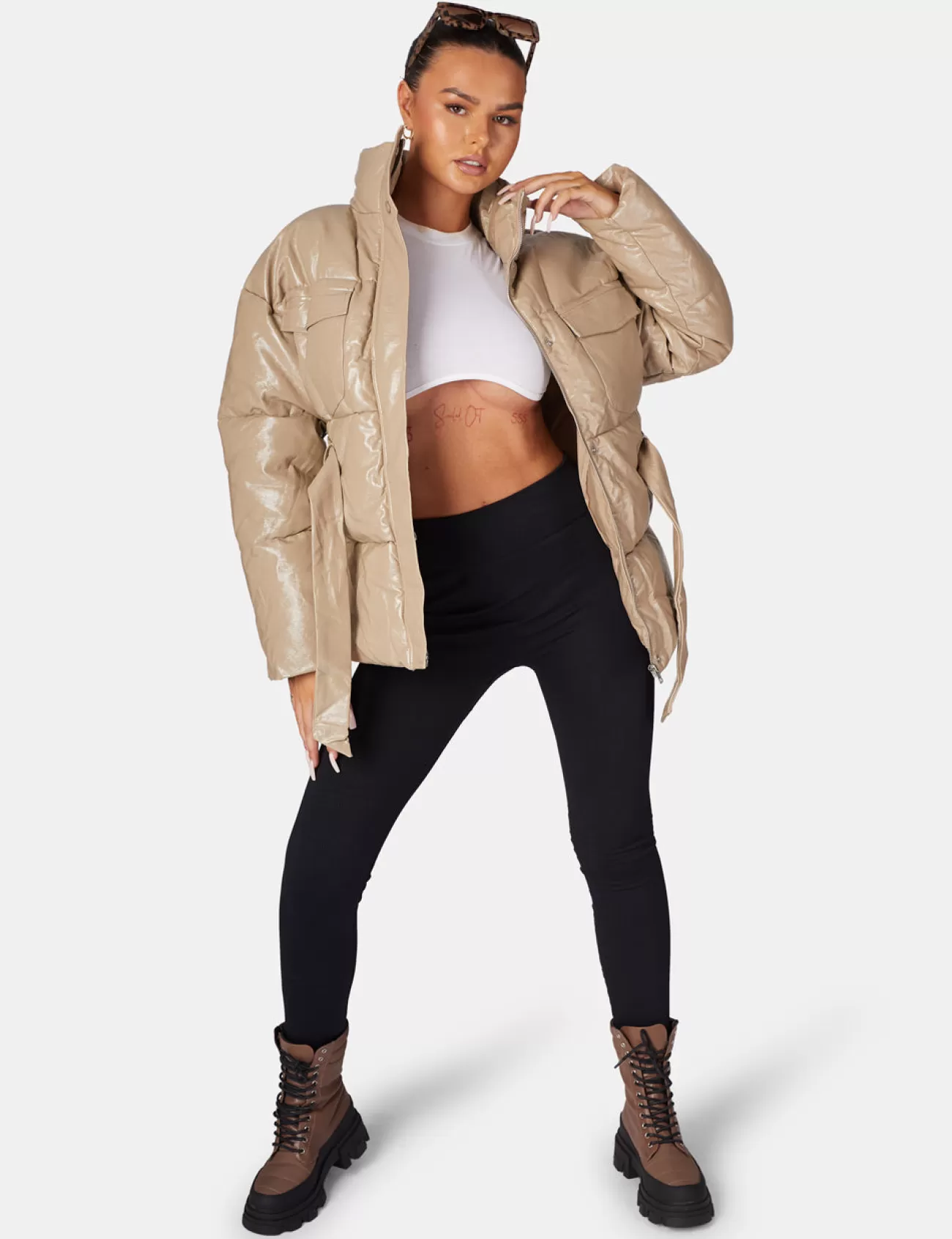Public Desire Vinyl Belted Puffer Stone Online