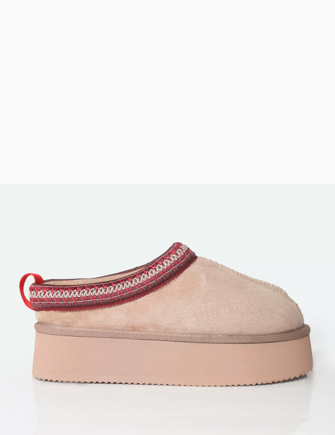Public Desire Vixon Beige Faux Suede Embroidered Slipper Platform Boots Sale