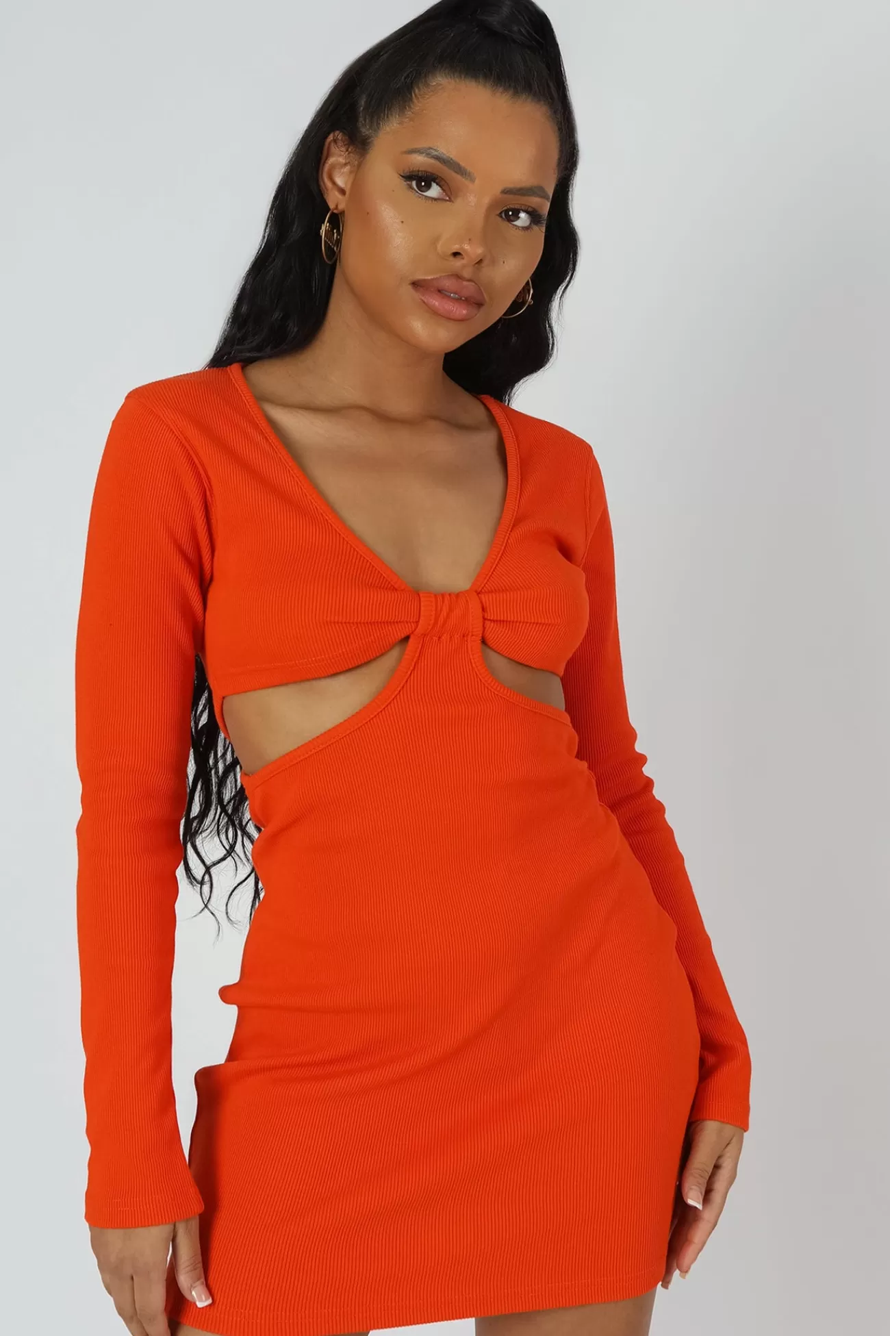 Public Desire Waist Cut Out Long Sleeve Mini Dress Orange Best