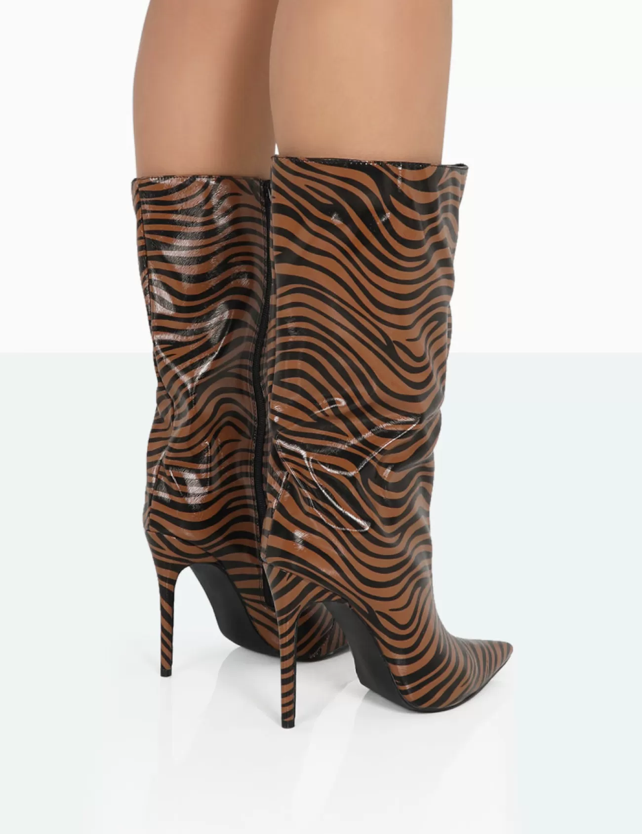Public Desire Wanda Camel Zebra Pu Pointed Toe Stiletto Knee High Boots Tan Cheap