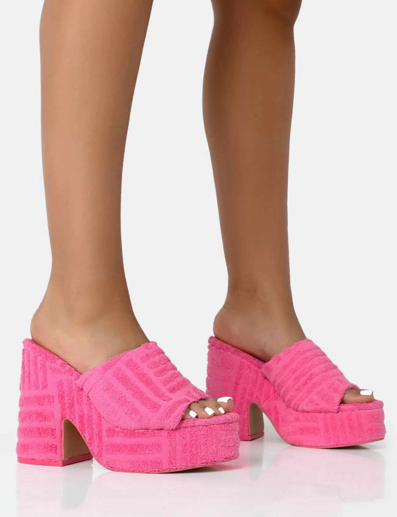 Public Desire Wavez Terry Towelling Round Toe Platform Block Heel Mules Pink Cheap