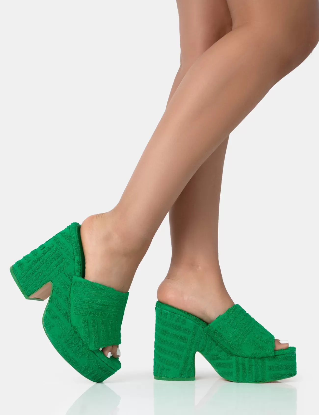 Public Desire Wavez Terry Towelling Round Toe Platform Block Heel Mules Green Best
