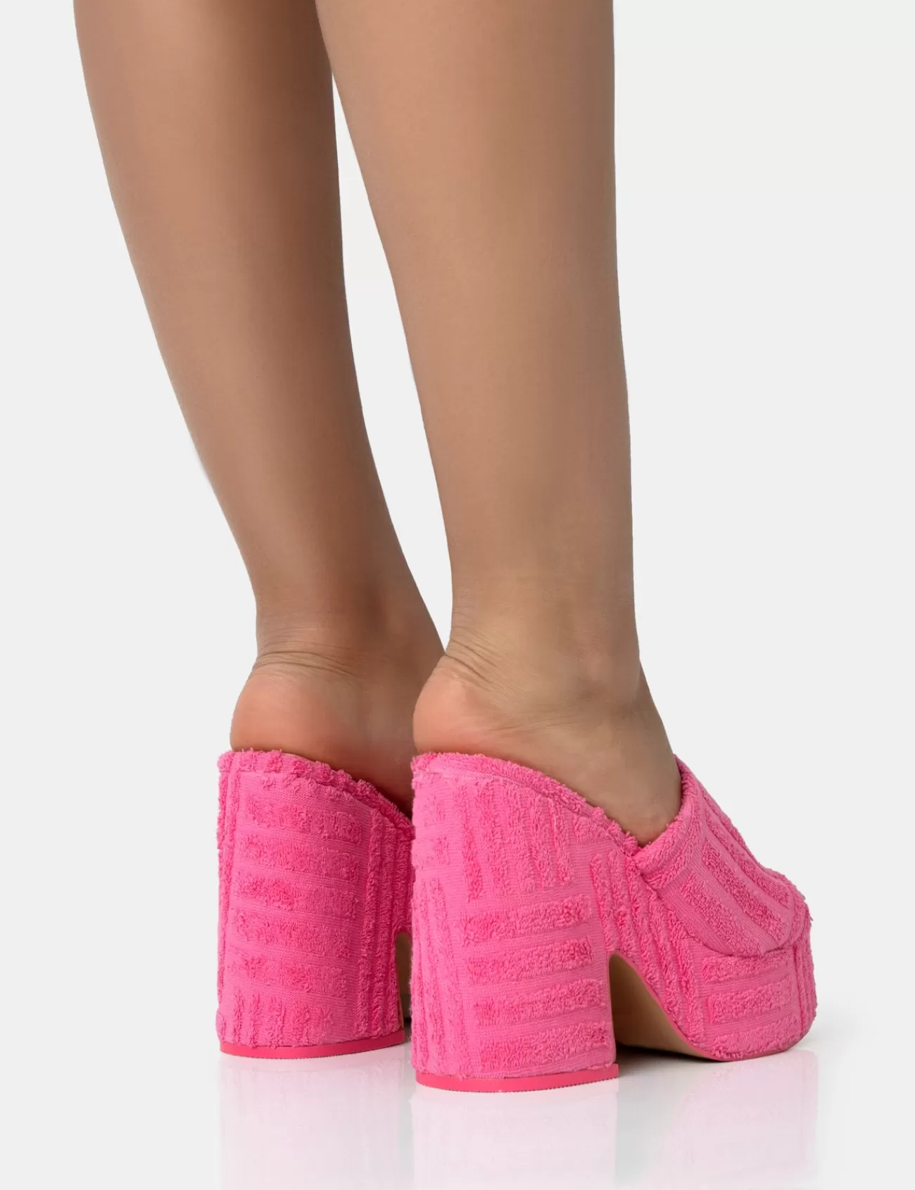 Public Desire Wavez Terry Towelling Round Toe Platform Block Heel Mules Pink Cheap