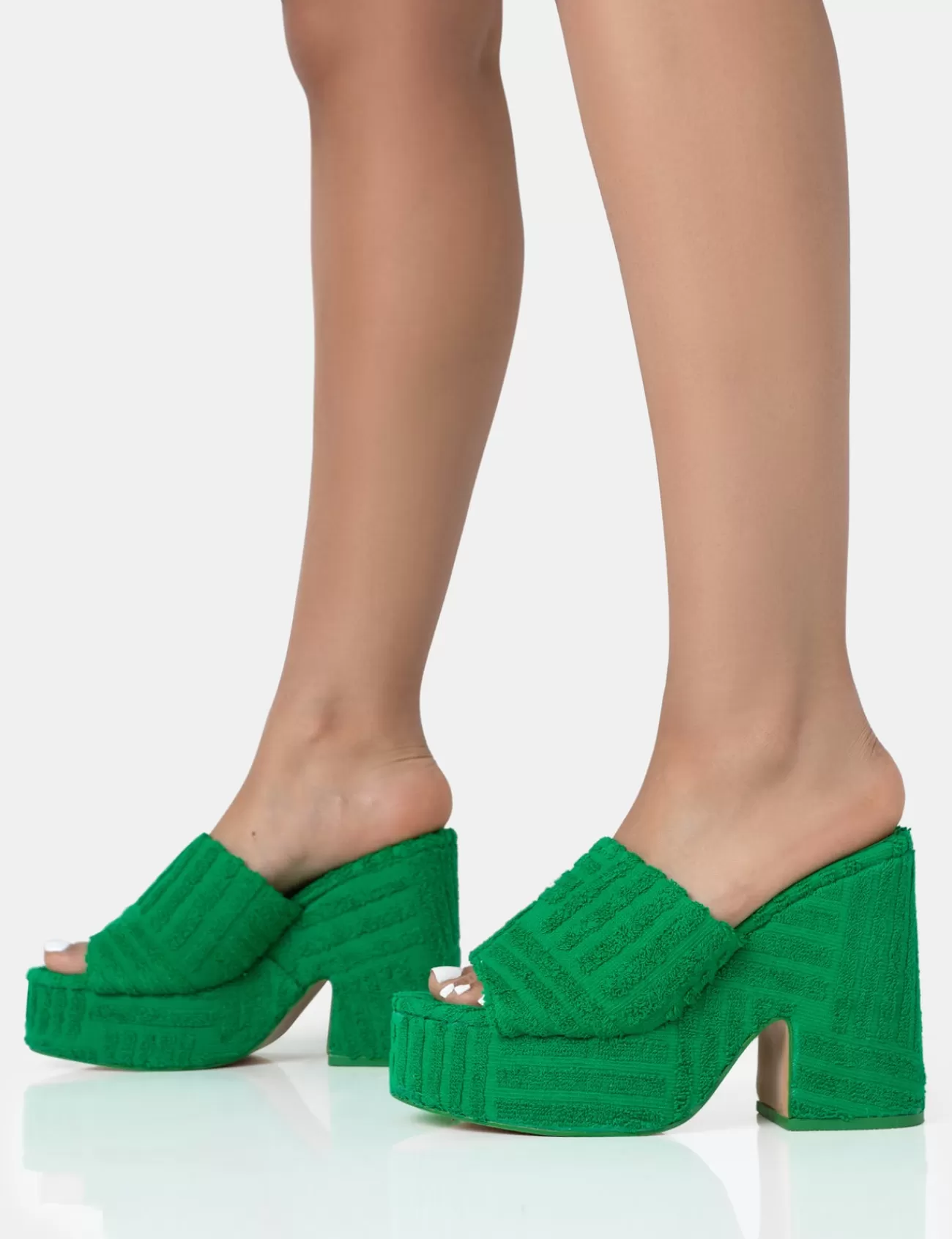Public Desire Wavez Terry Towelling Round Toe Platform Block Heel Mules Green Best