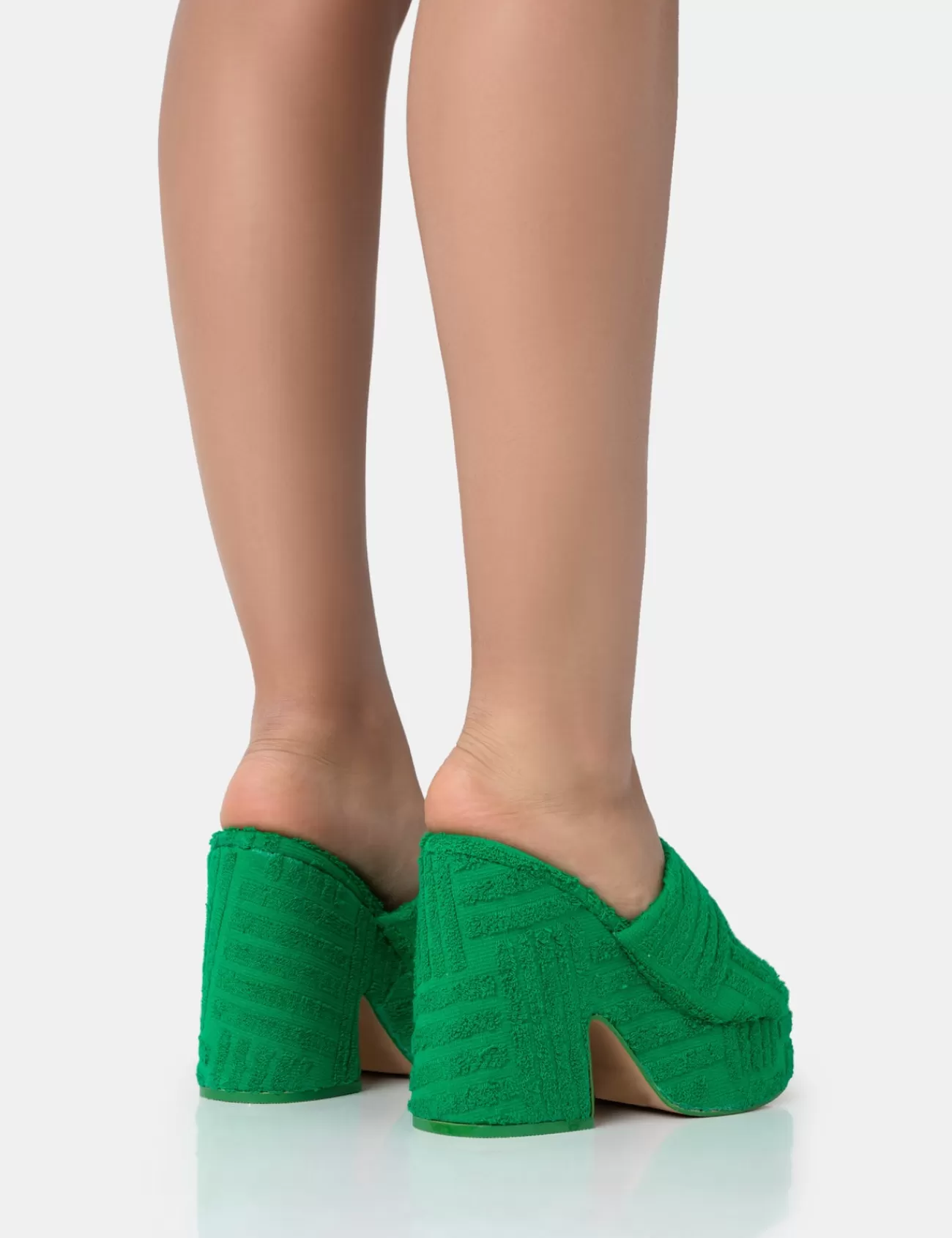 Public Desire Wavez Terry Towelling Round Toe Platform Block Heel Mules Green Best