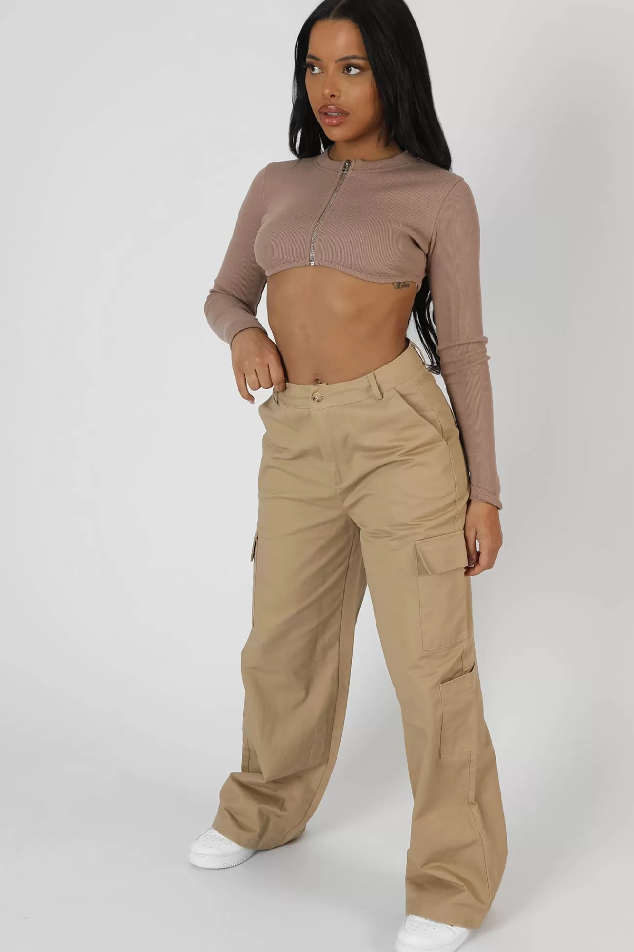 Public Desire Wide Leg Pocket Detail Cargo Trouser Sand Discount