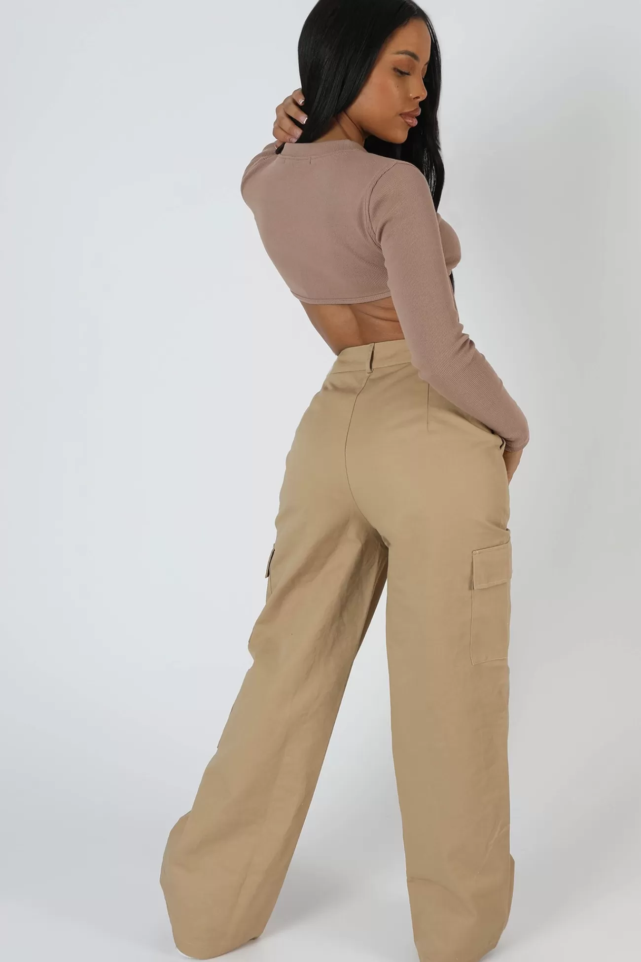 Public Desire Wide Leg Pocket Detail Cargo Trouser Sand Discount