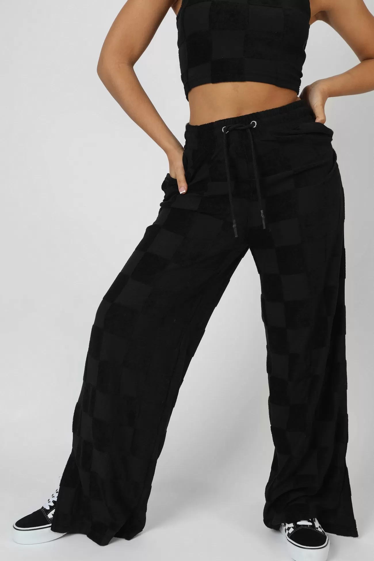 Public Desire Wide Leg Split Hem Checkerboard Towelling Joggers Black Best Sale