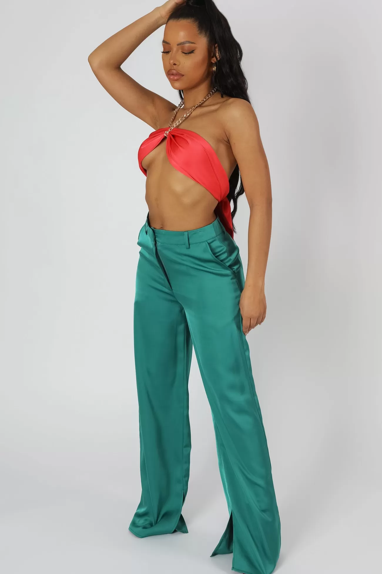 Public Desire Wide Leg Split Hem Satin Tailored Trousers Green New