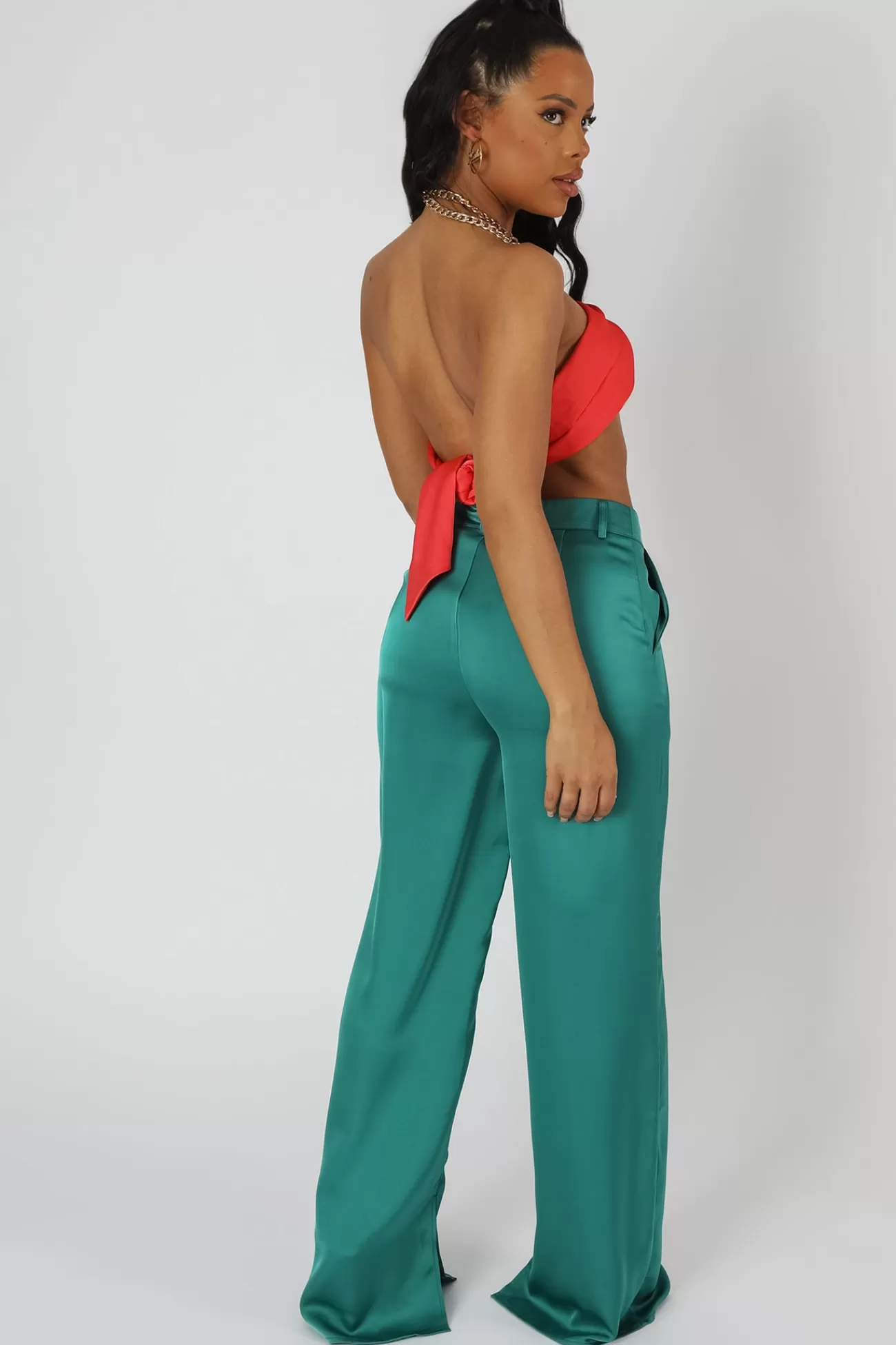 Public Desire Wide Leg Split Hem Satin Tailored Trousers Green New