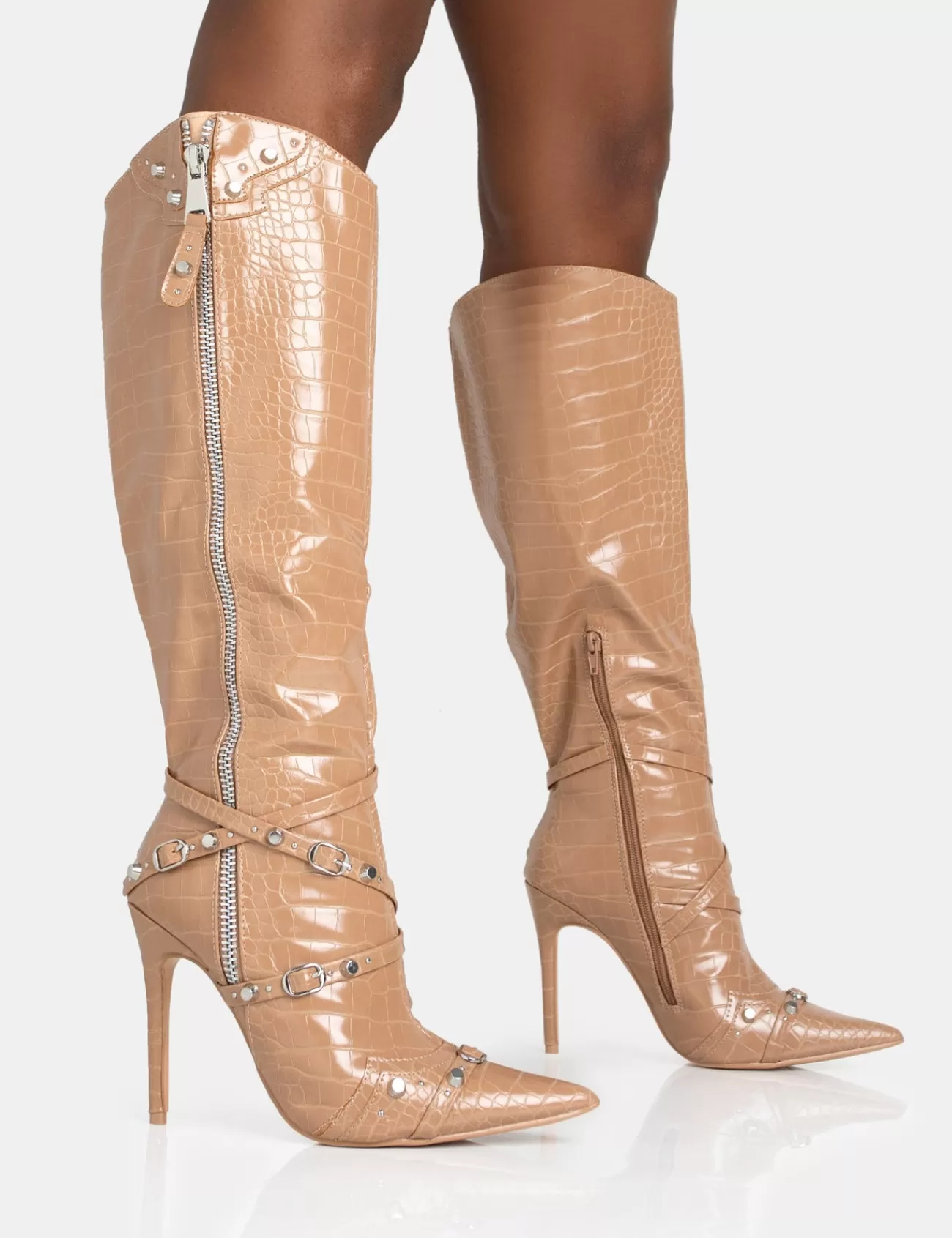 Public Desire Worthy Camel Croc Studded Zip Detail Pointed Toe Stiletto Knee High Boots Caramel Sale