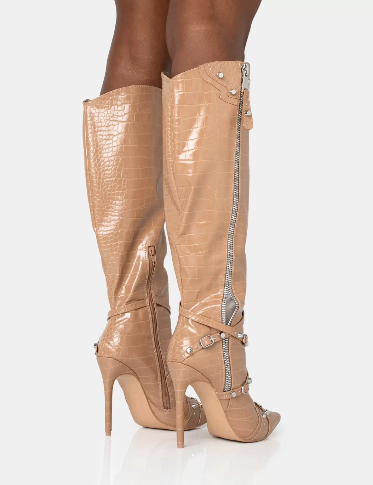 Public Desire Worthy Camel Croc Studded Zip Detail Pointed Toe Stiletto Knee High Boots Caramel Sale