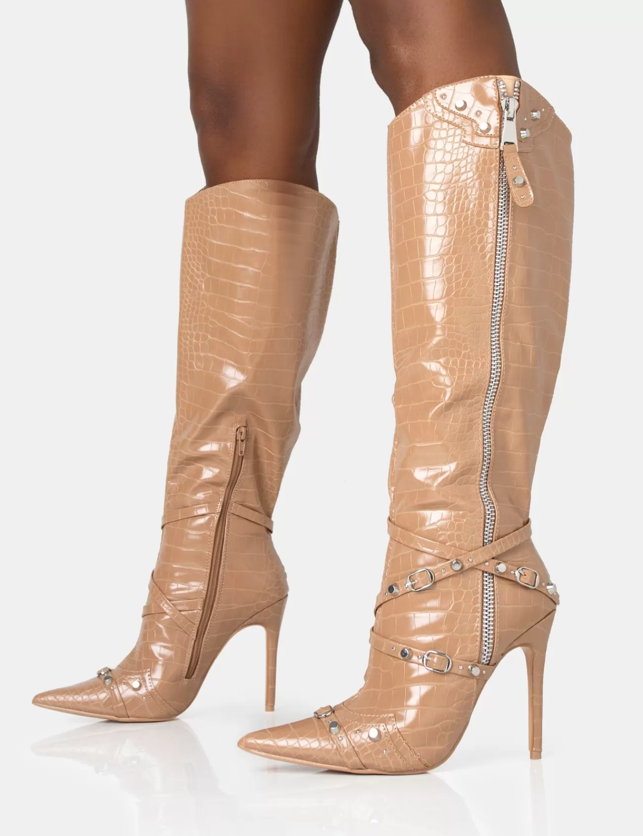 Public Desire Worthy Camel Croc Studded Zip Detail Pointed Toe Stiletto Knee High Boots Caramel Sale