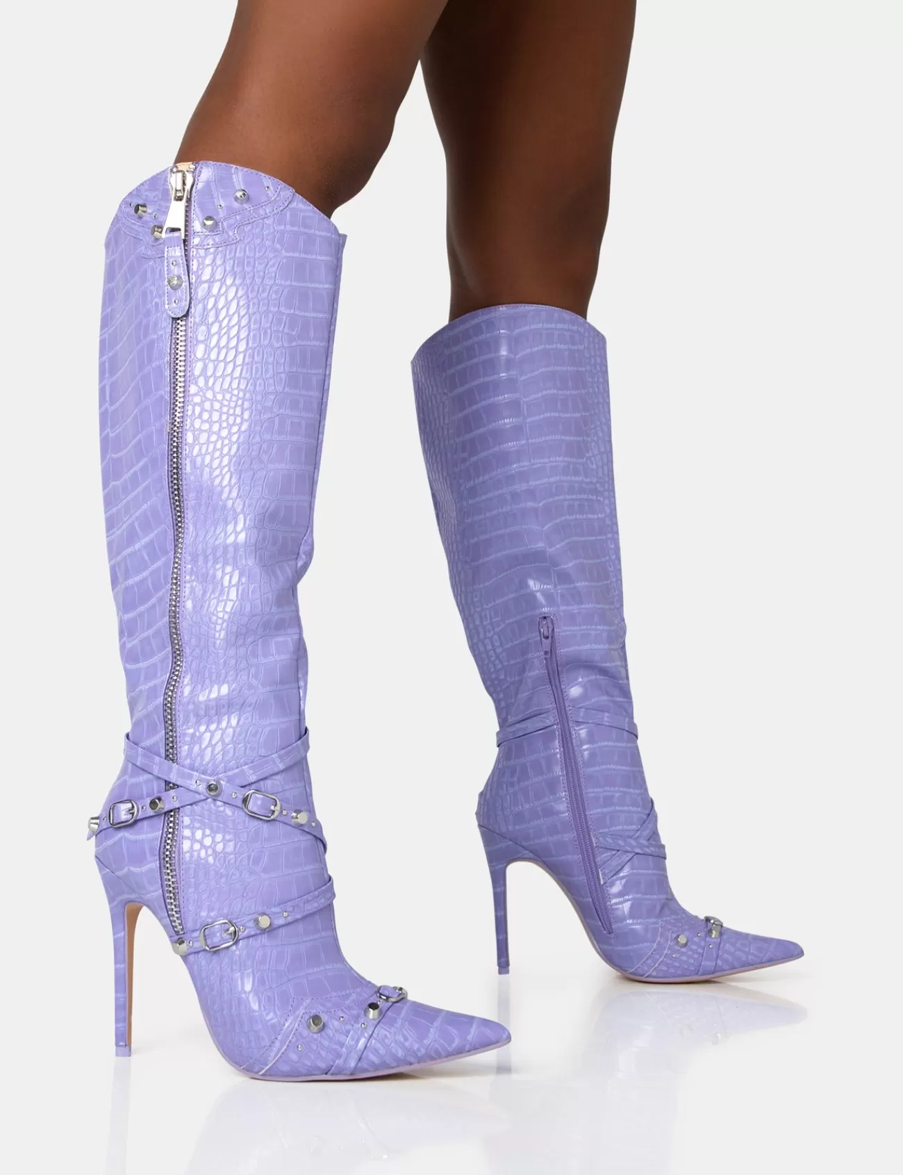Public Desire Worthy Croc Studded Zip Detail Pointed Toe Stiletto Knee High Boots Lilac Outlet