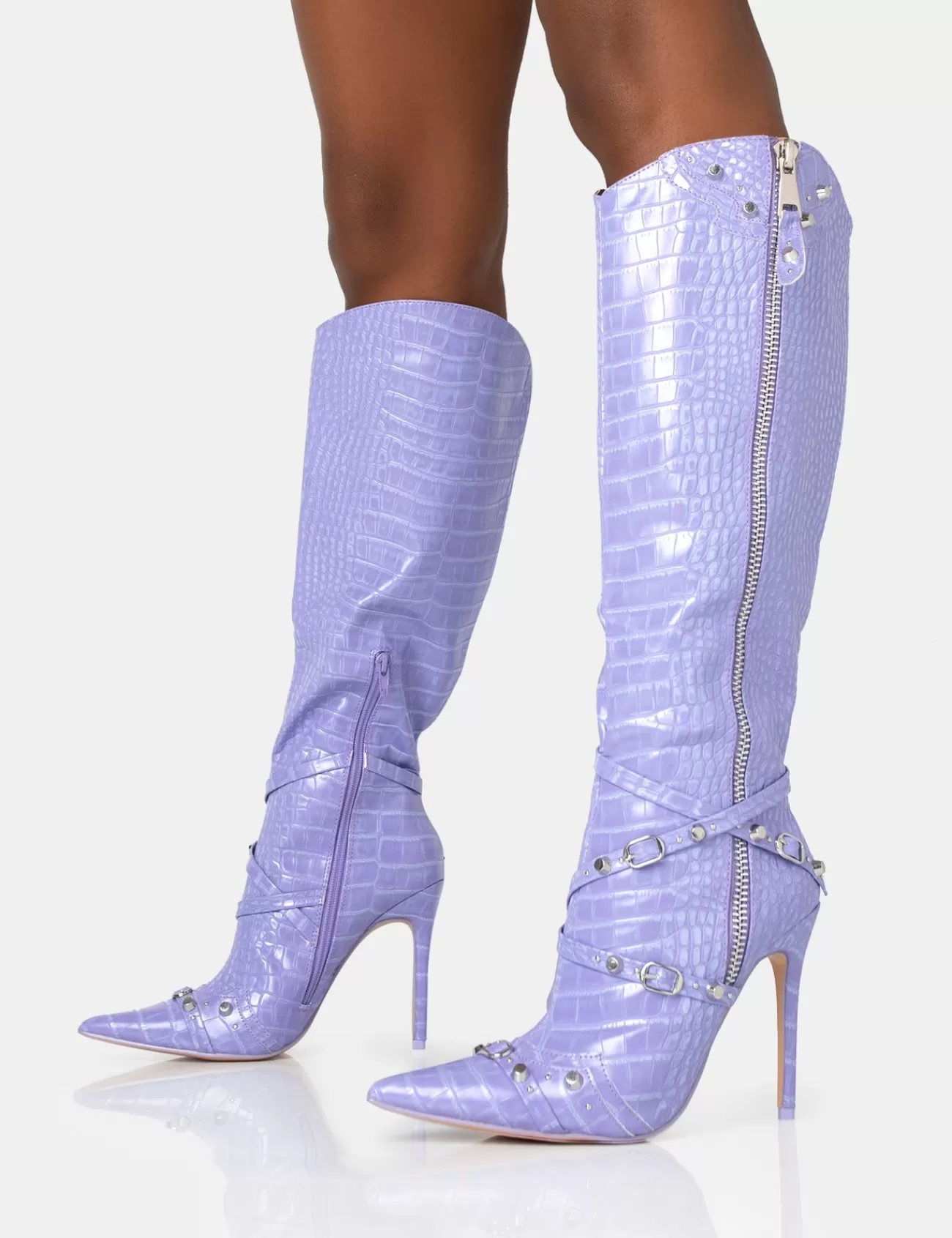 Public Desire Worthy Croc Studded Zip Detail Pointed Toe Stiletto Knee High Boots Lilac Outlet