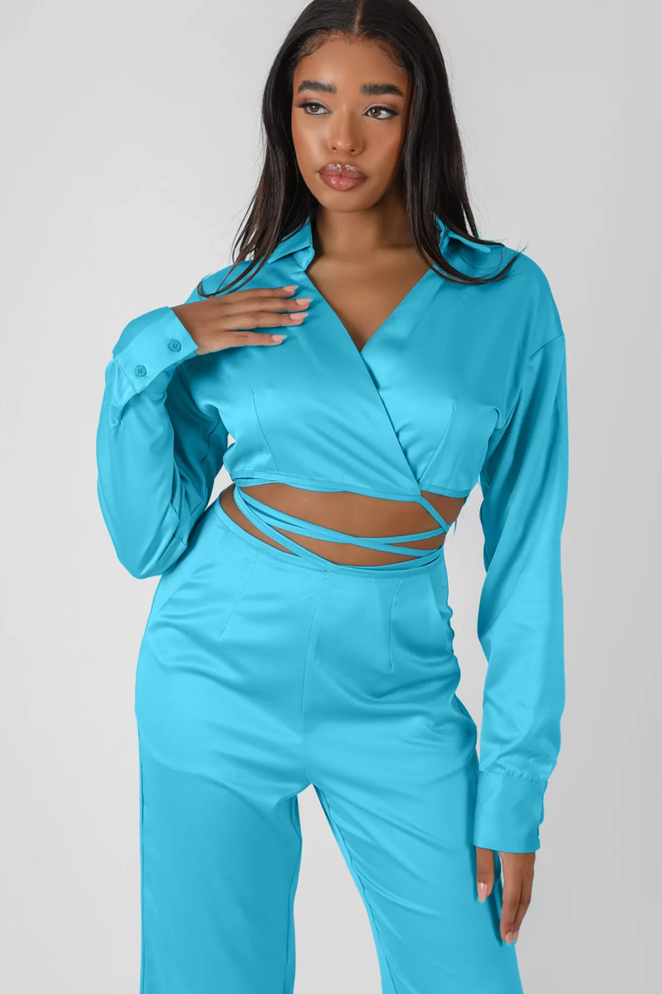Public Desire Wrap Cropped Shirt Blue Store