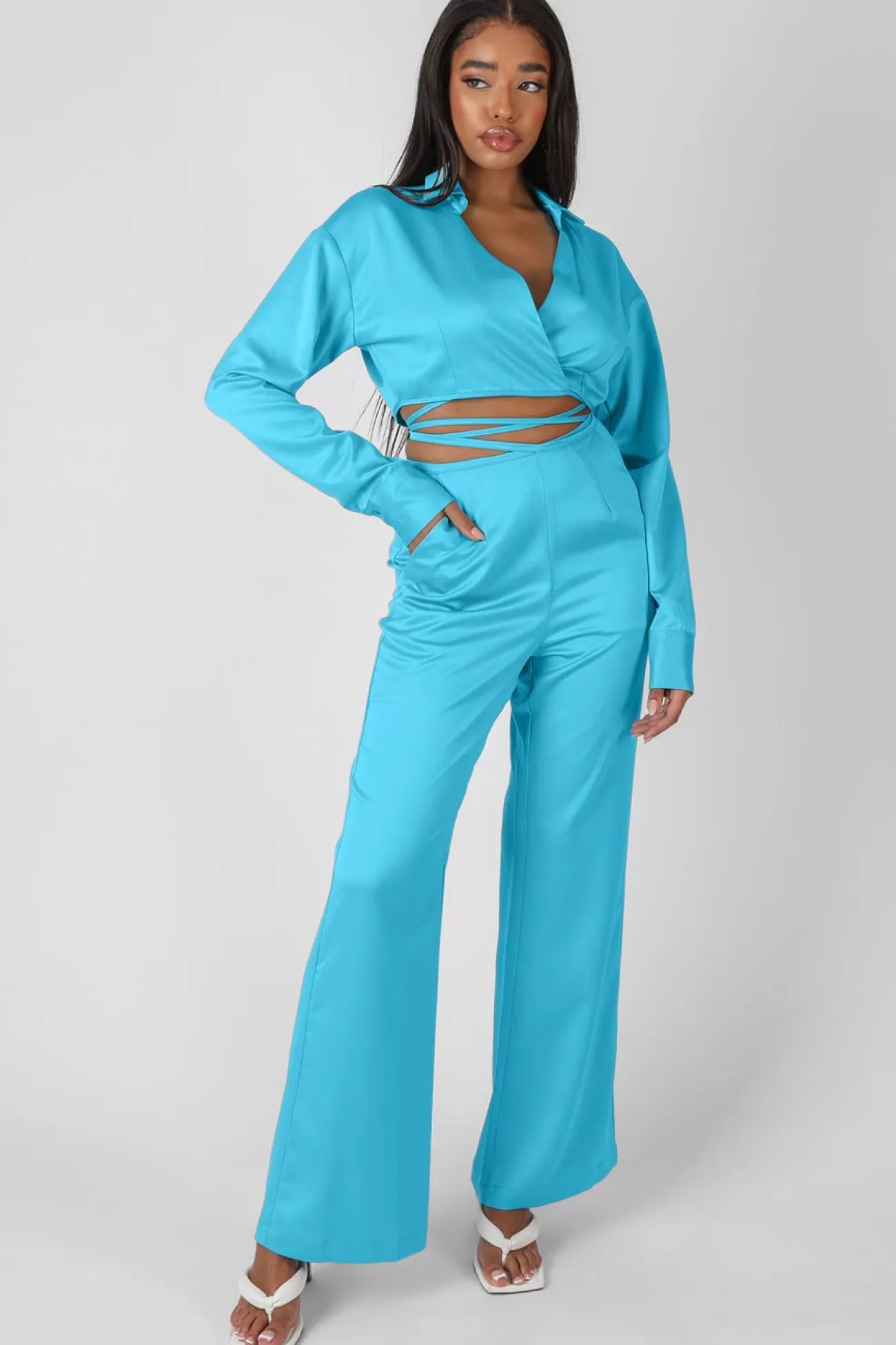 Public Desire Wrap Cropped Shirt Blue Store