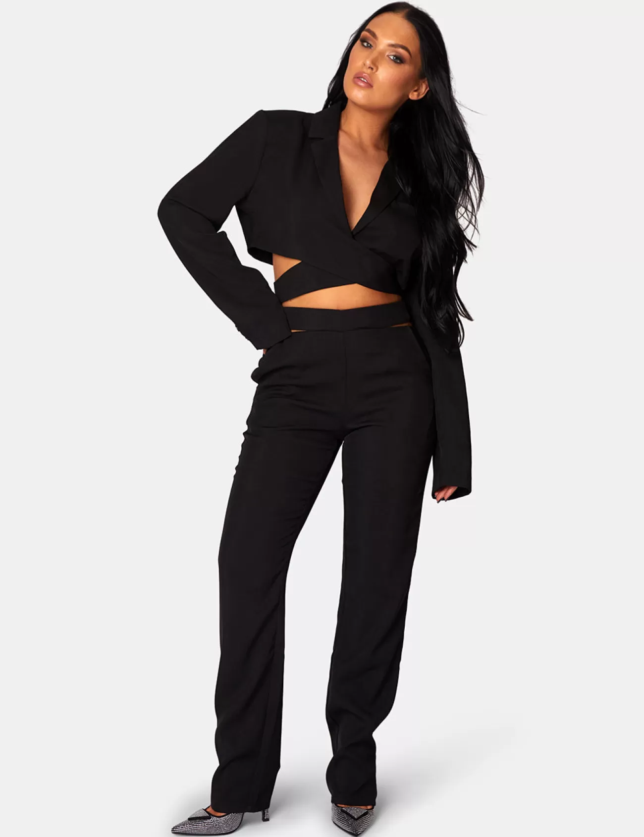 Public Desire Wrap Front Cropped Blazer Black New