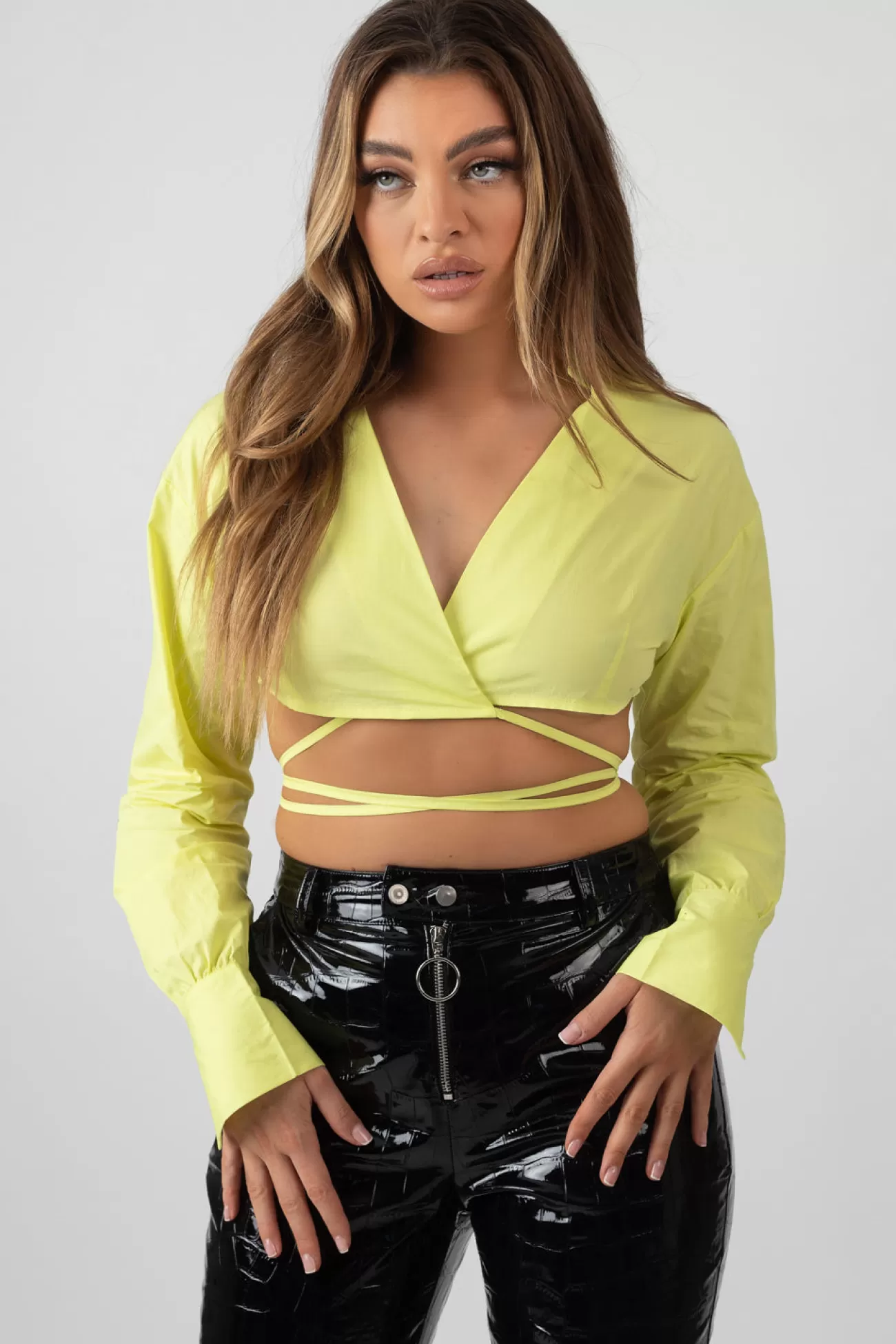 Public Desire Wrap Poplin Cropped Shirt Lime Green Cheap