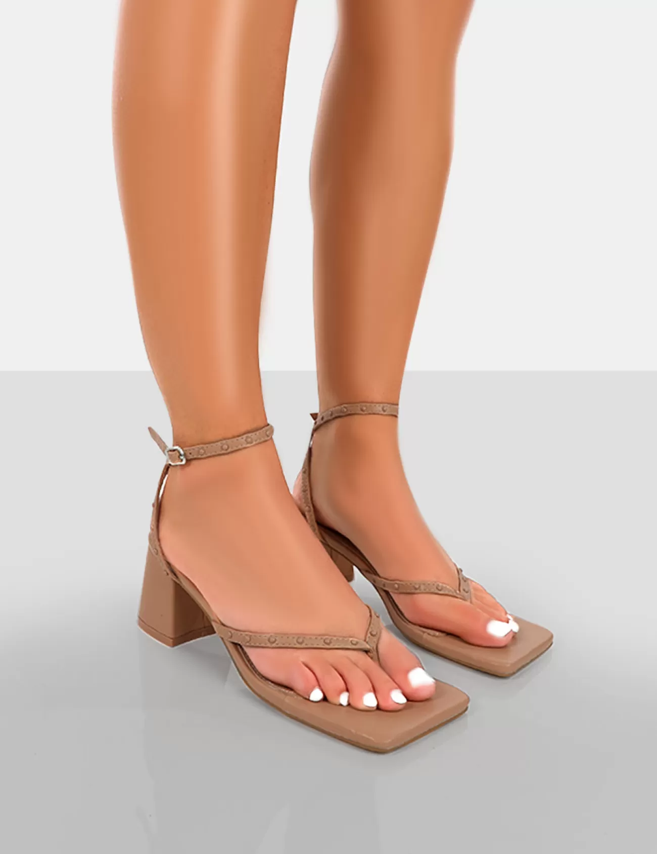 Public Desire Zahra Pu Toe Thong Mid Block Heeled Sandals Nude Sale