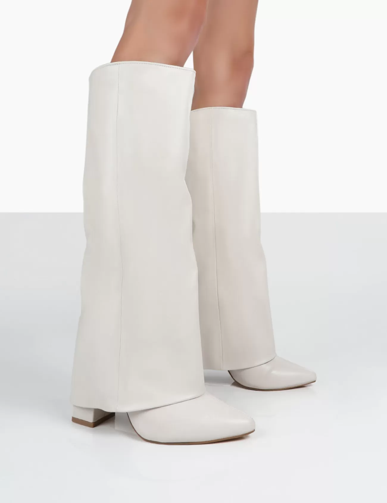 Public Desire Zendaya Ecru Pointed Toe Knee High Block Boots White Cheap