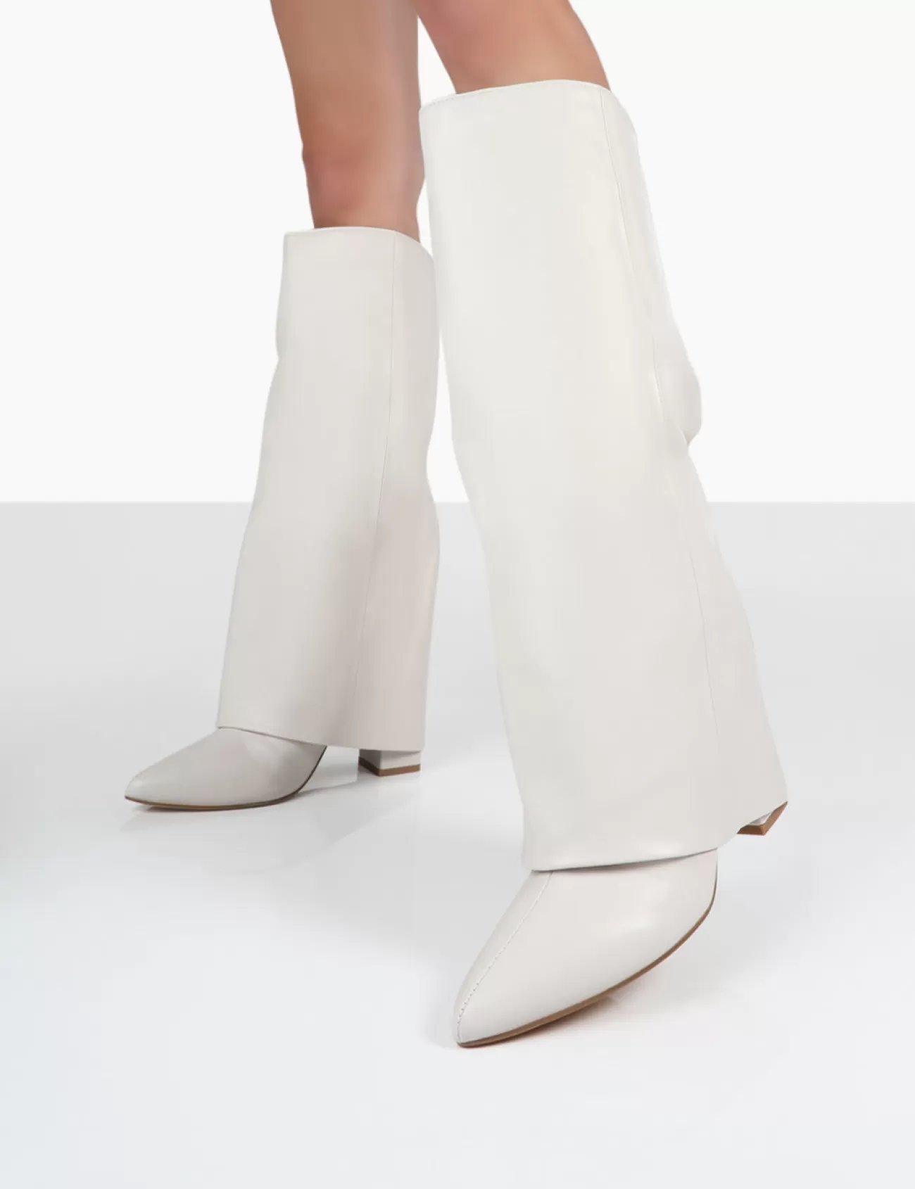 Public Desire Zendaya Ecru Pointed Toe Knee High Block Boots White Cheap