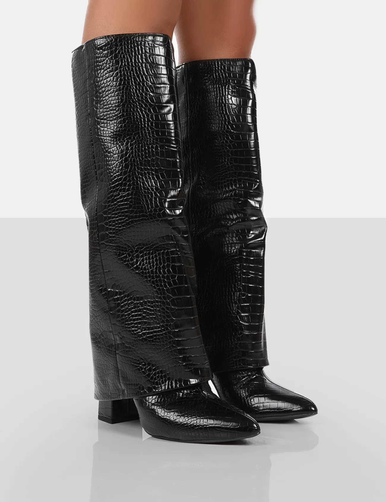 Public Desire Zendaya Patent Croc Pointed Toe Knee High Block Boots Black Store