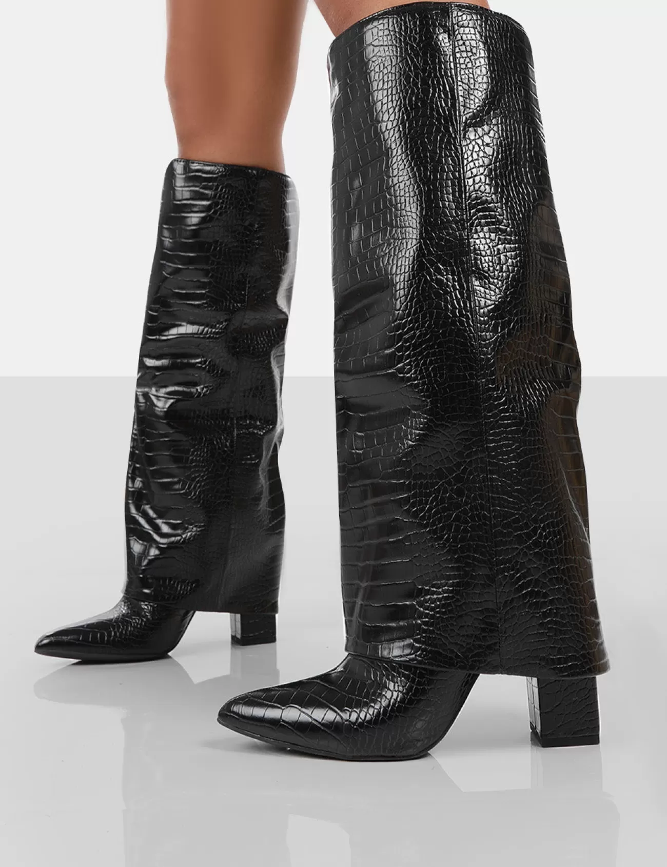 Public Desire Zendaya Patent Croc Pointed Toe Knee High Block Boots Black Store