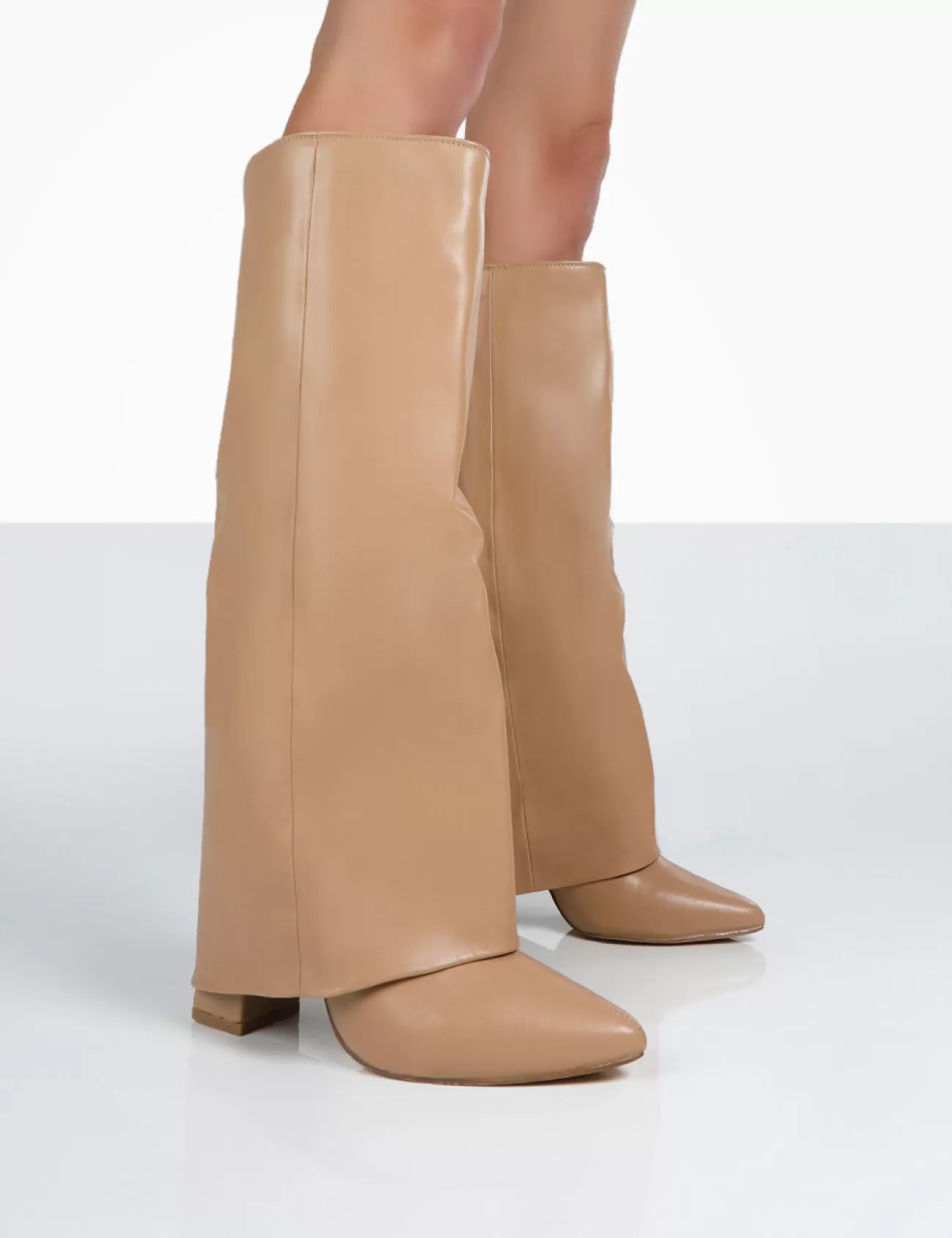 Public Desire Zendaya Pointed Toe Knee High Block Boots Nude Hot