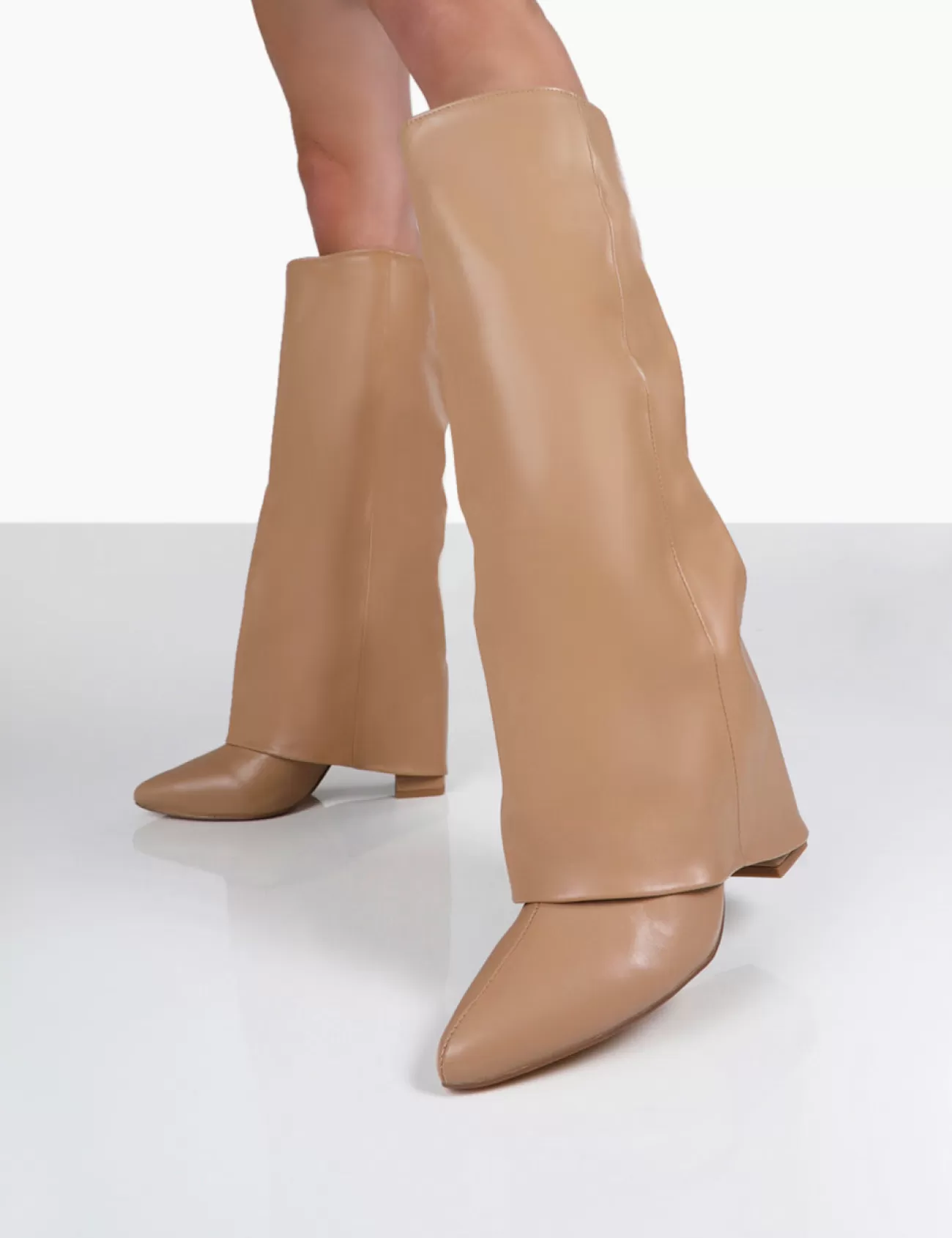 Public Desire Zendaya Pointed Toe Knee High Block Boots Nude Hot