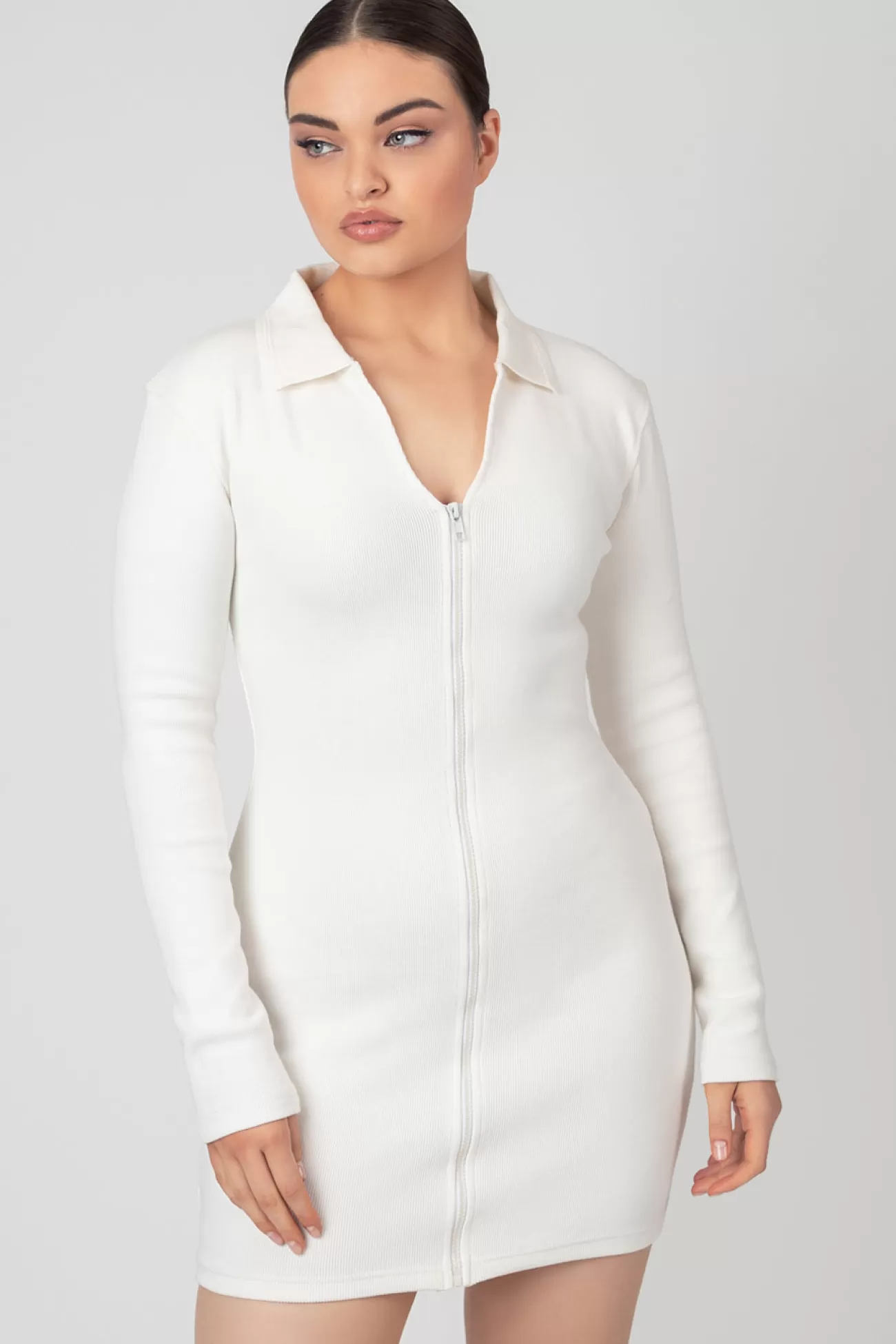 Public Desire Zip Through Collared Mini Dress Ecru Cheap