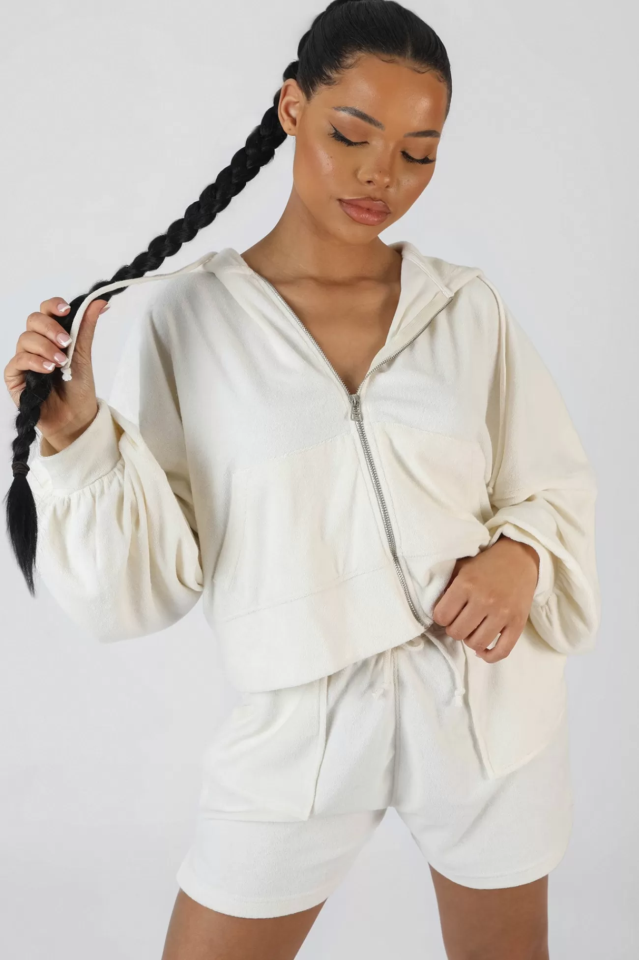 Public Desire Zip Through Towelling Hoodie Ecru Flash Sale