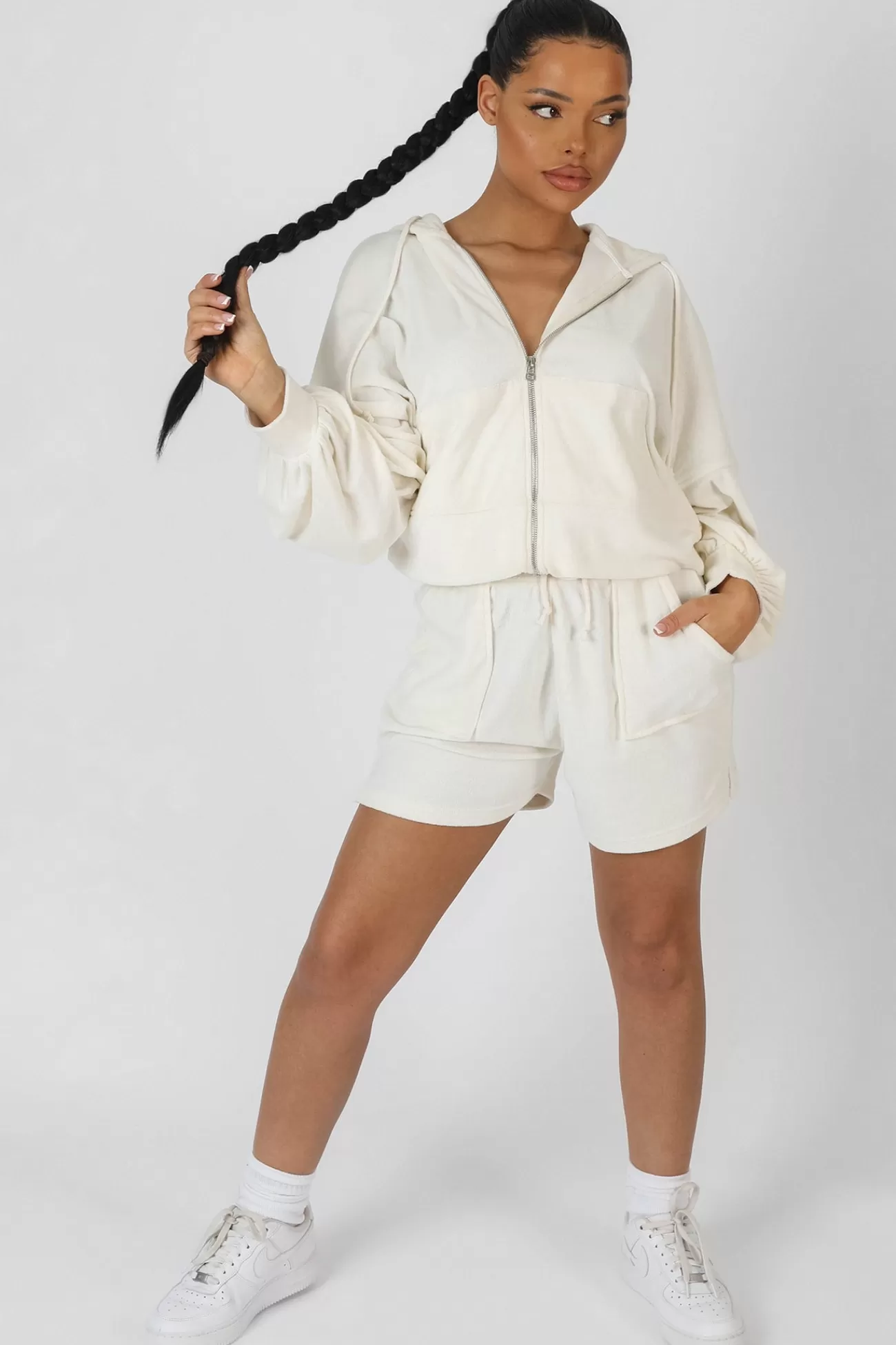 Public Desire Zip Through Towelling Hoodie Ecru Flash Sale