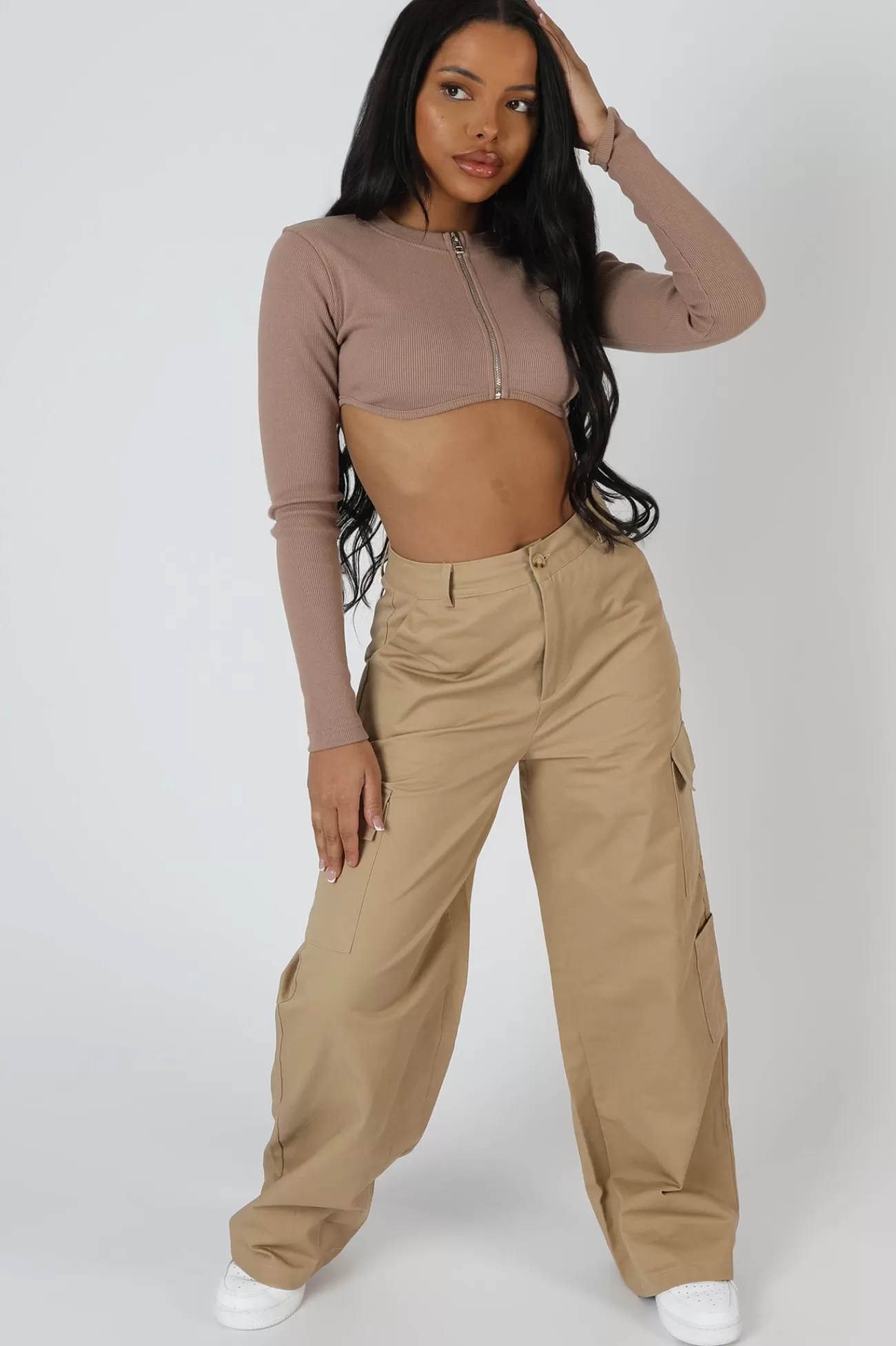 Public Desire Zip Through Underbust Ribbed Top Sand Cheap
