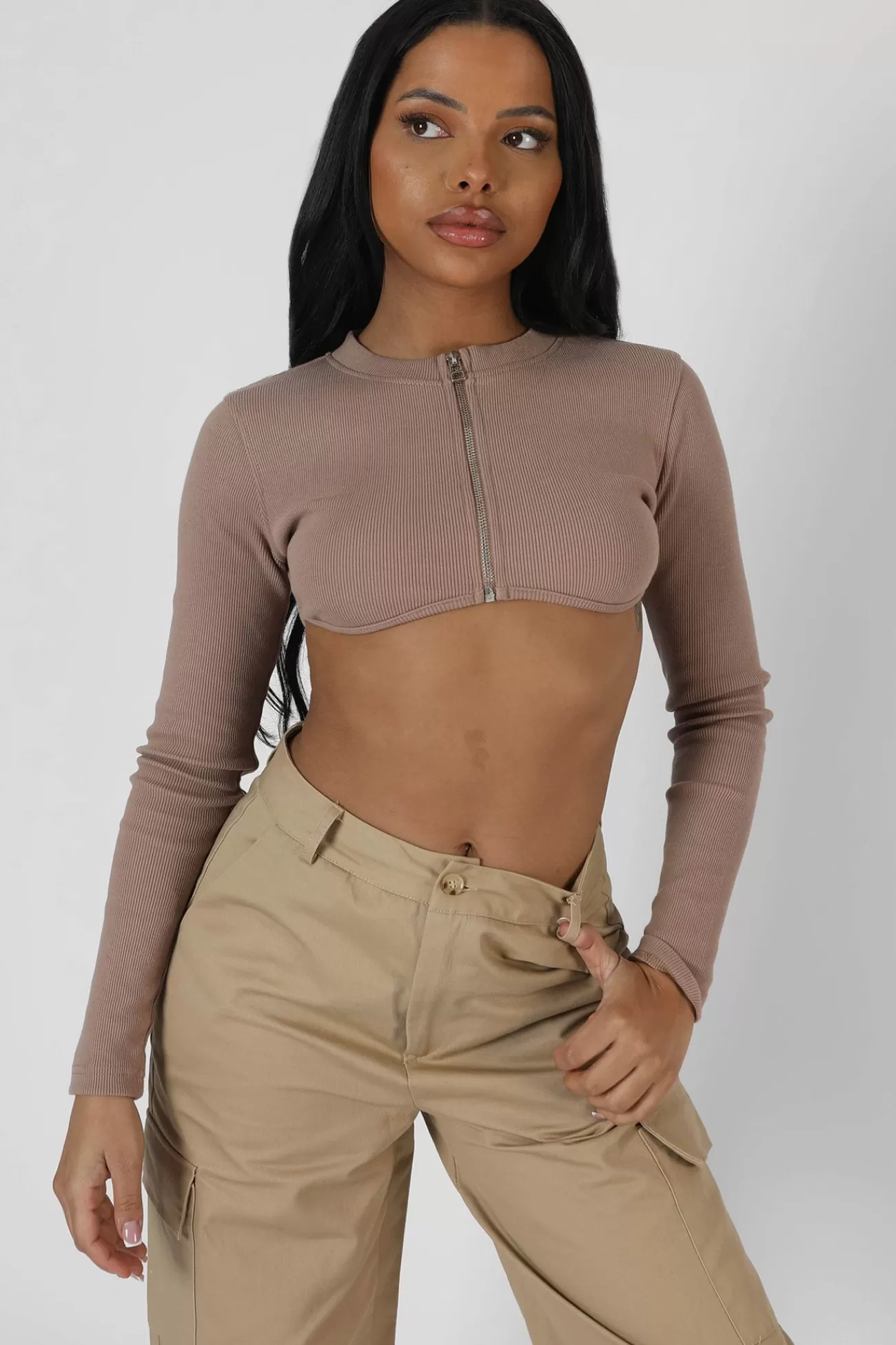 Public Desire Zip Through Underbust Ribbed Top Sand Cheap
