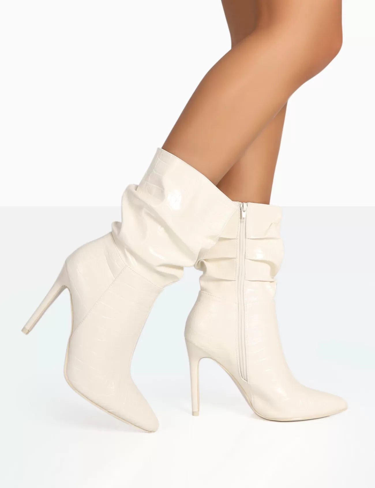 Public Desire Zurich Patent Croc Stiletto Ankle Pointed Heeled Boots Ecru Discount